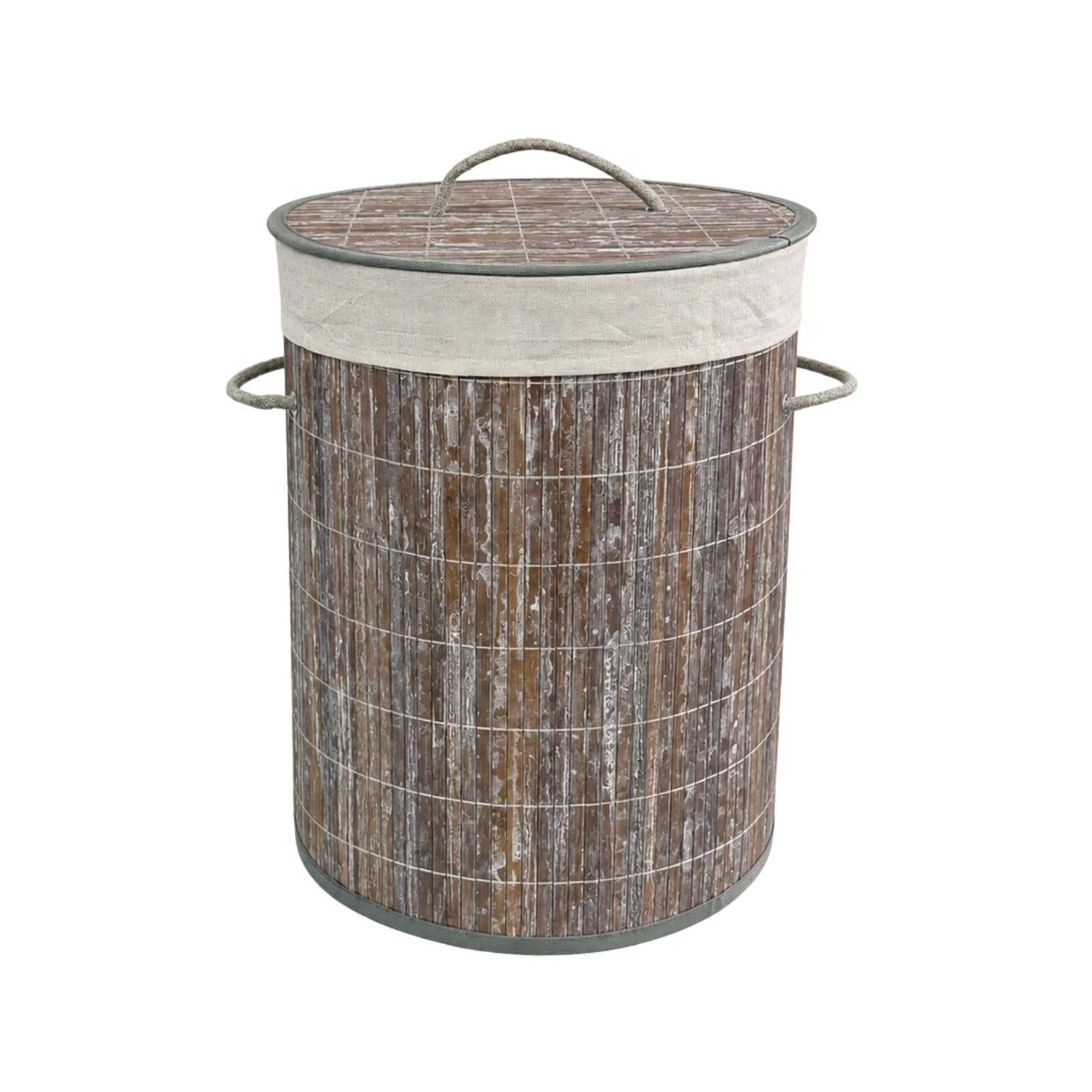 Round Grey Bamboo Laundry Basket, Laundry Hamper with Removeable Washable Lining & Lid, Easy Assemble Folding Storage Bin Dirty Clothes Storage Bucket Cover Household Container Organiser
