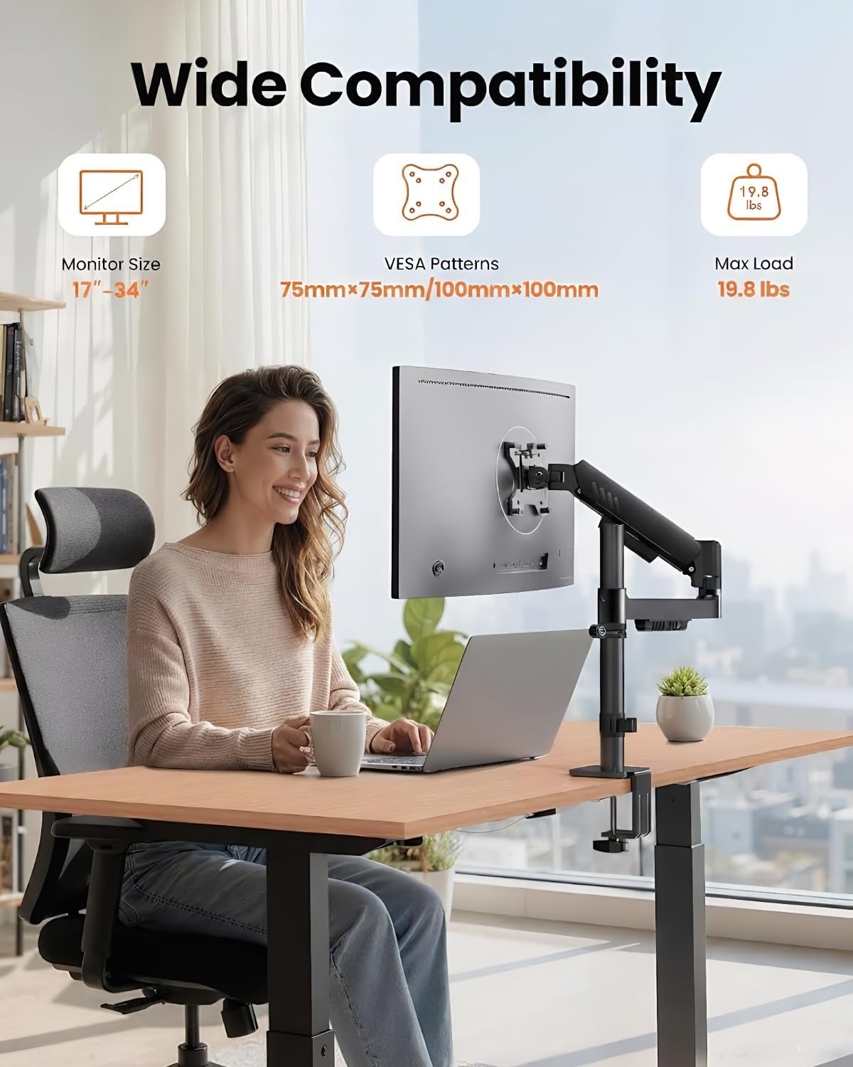 ErGear Monitor Halterung, verstellbare Monitor Arm, 13-34" Bildschirm, bis zu 9kg, erhöhte Stabilität mit integrierter C-Klemme, verbessertes Kabelmanagement, VESA 75x75/100x100mm, schwarz Gaming