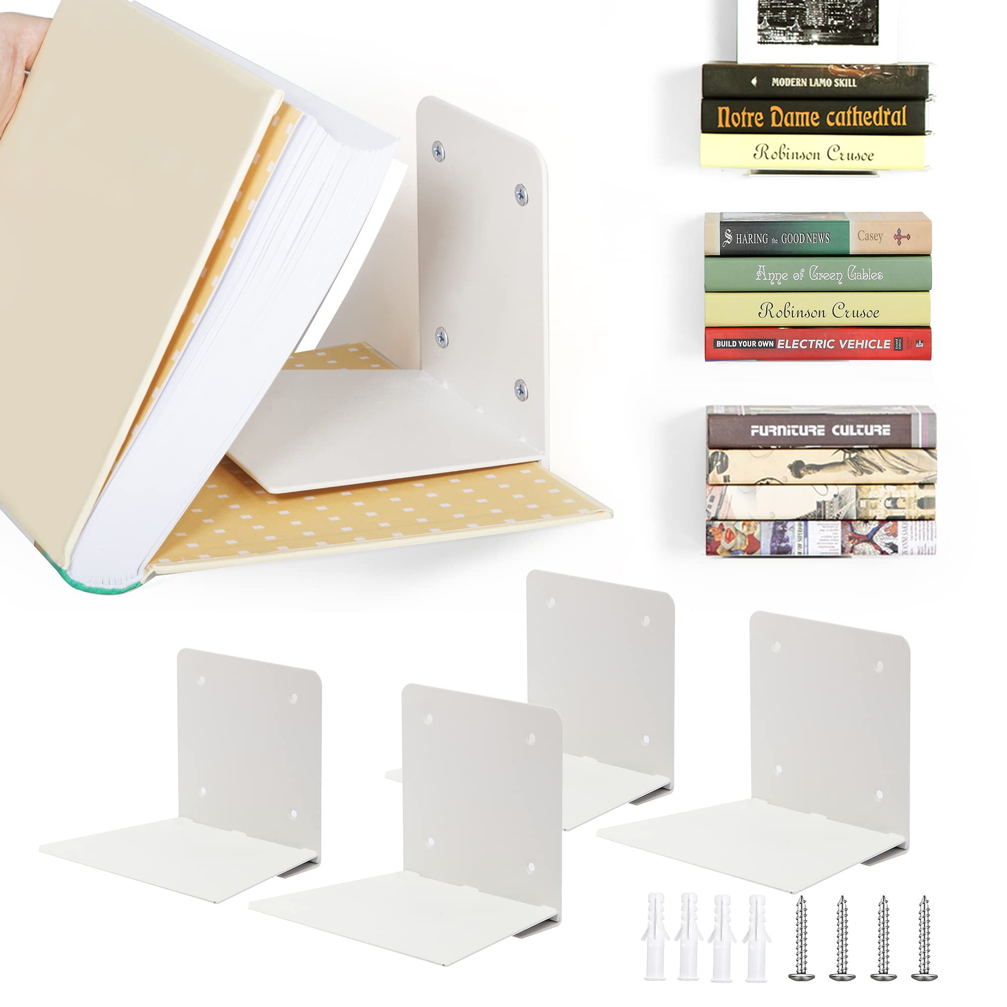STO STO Floating Bookshelves - 4-Pack Invisible Wall Mounted Bookshelves, Multifunctional Wall Shelves for Bedroom, Office and Library, White