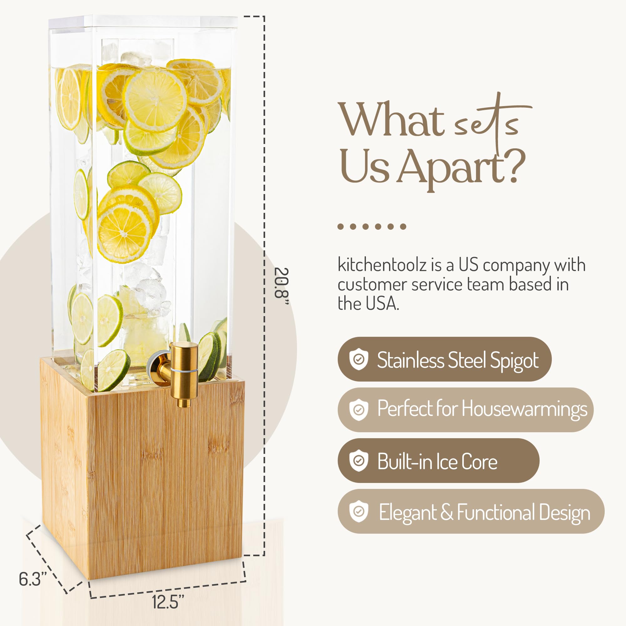Dispensador de bebidas heladas de 1.25 galones con soporte, acrílico y bambú. Kitchentoolz