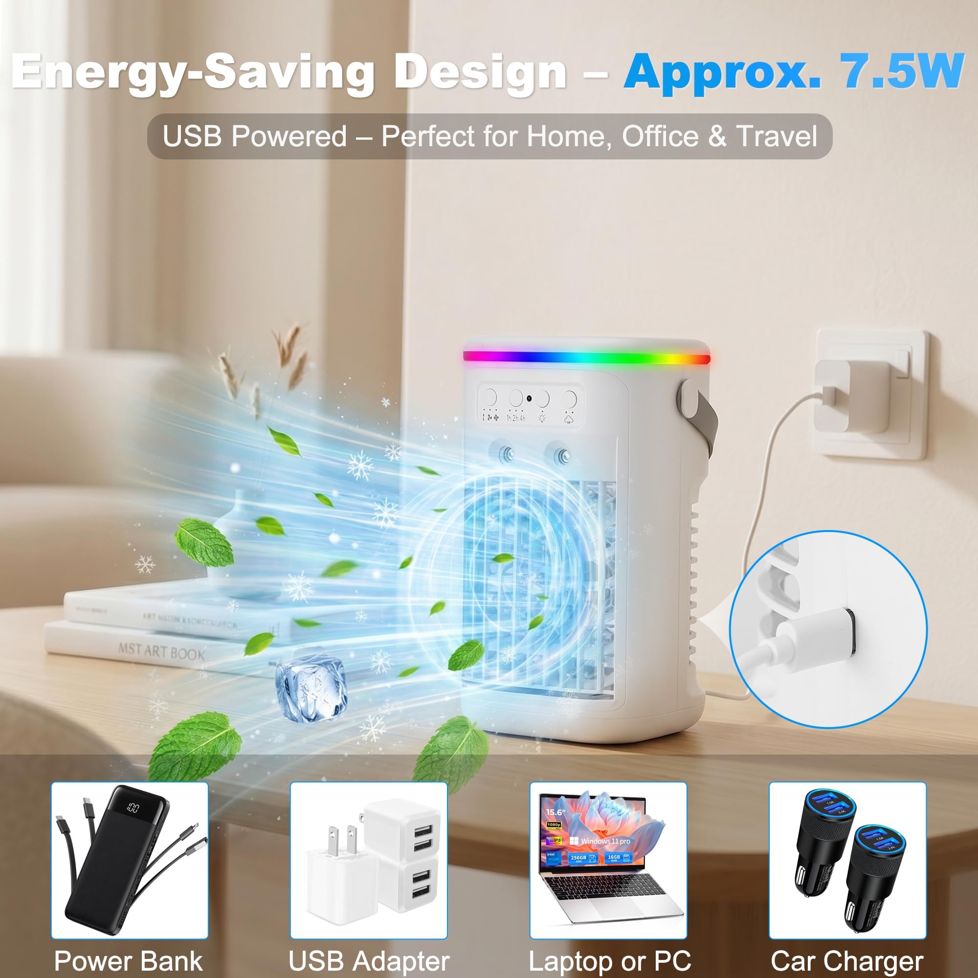 Climatiseur Mobile, Mini Rafraîchisseur d’Air Silencieux avec Télécommande, Ventilateur Brumisateur USB, 3 Vitesses, 2 Modes Brume, Minuteur 1H/2H/4H, LED 7 Couleurs, pour Chambre Bureau