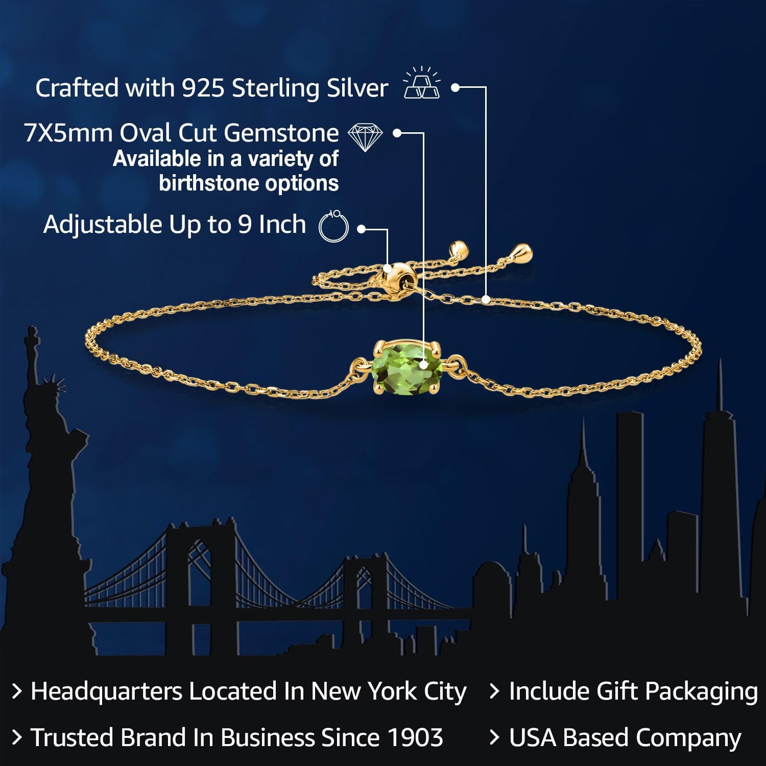 Gem Stone King 7X5MM Oval Gemstone Birthstone Solitaire Bracelet For Women | 925 Sterling Silver | Adjustable Bolo Bracelet For Women | Fine Jewelry Gifts for Her Mom Wife