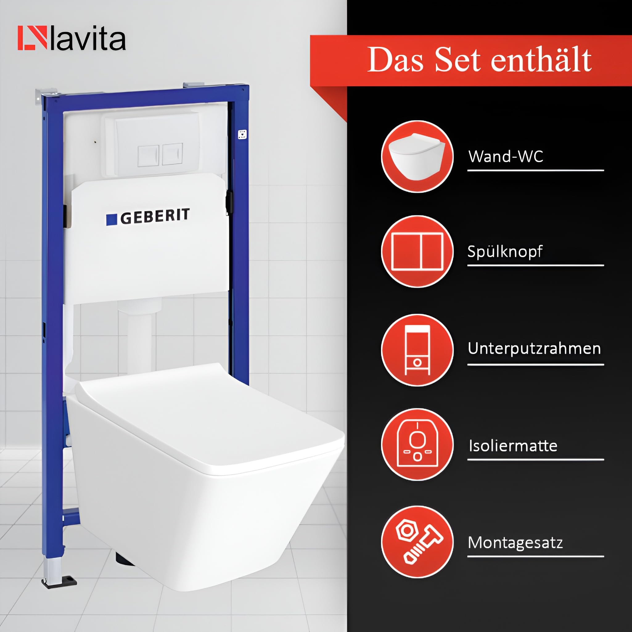 GEBERIT Duofix Basic Elemento de pared + Inodoro de descarga profunda Maio Blanco Sin reborde + Asiento de inodoro + blanco Juego completo Cisterna empotrada Inodoro Juego completo WC