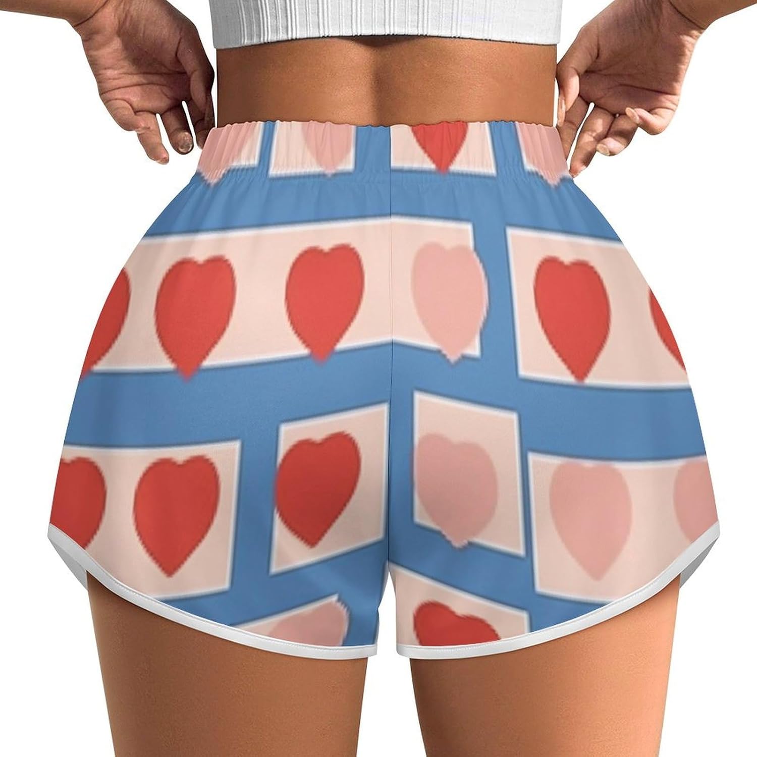 Pink Heart Print Novelty Floral Tropical Print Shorts Ladies Lightweight Loose Holiday Beach Shorts