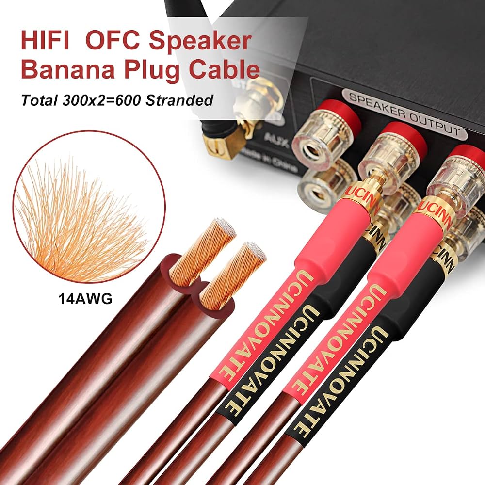 Câbles Haut-parleur OFC WOWLED Câbles Haut-Parleur HiFi OFC 4m Avec Fiches Bananes Or | Câble Audiophile 14 AWG 600 Brins Pour Home Cinéma Câble Enceinte Banane