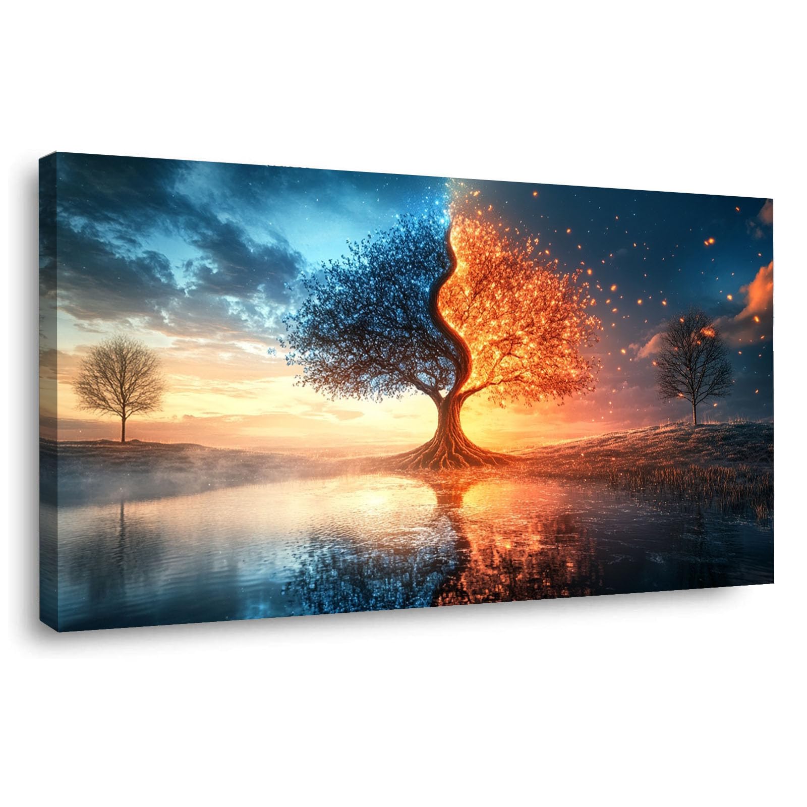 JOSUE Granatowe drzewo życia, płótno zachód słońca, nowoczesna dekoracja do salonu, sypialni - naturalne obrazy krajobrazowe (srebrne 29) - 60 x 120 cm, oprawione