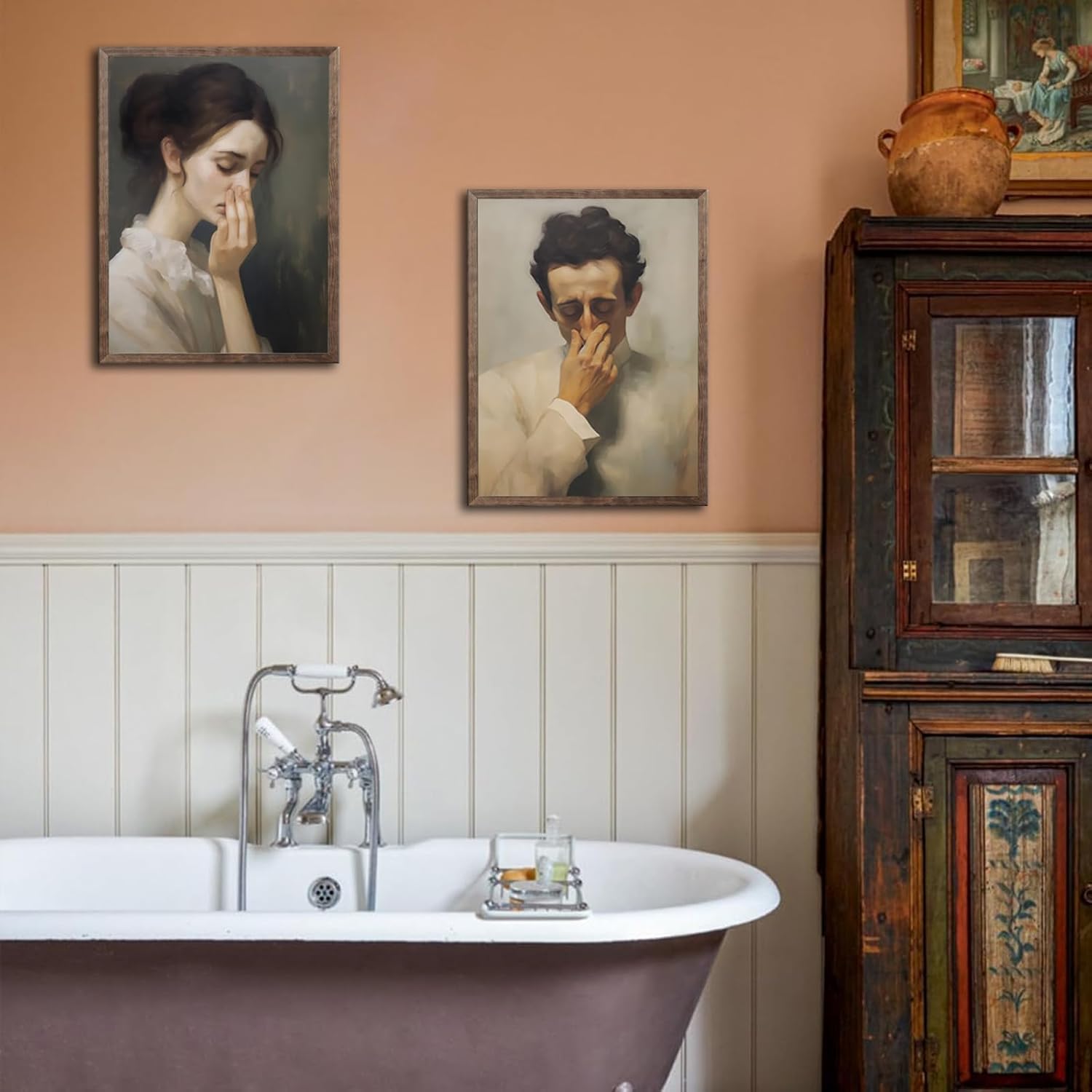 Funny Bathroom Wall Art Black and White Humor Toilet Wall Decor Pictures Amusing Lady Man Covering Nose Canvas Prints Vintage mid century Classical Oil Painting Poster Funny Gift Unframed(8x10in) - Image 7