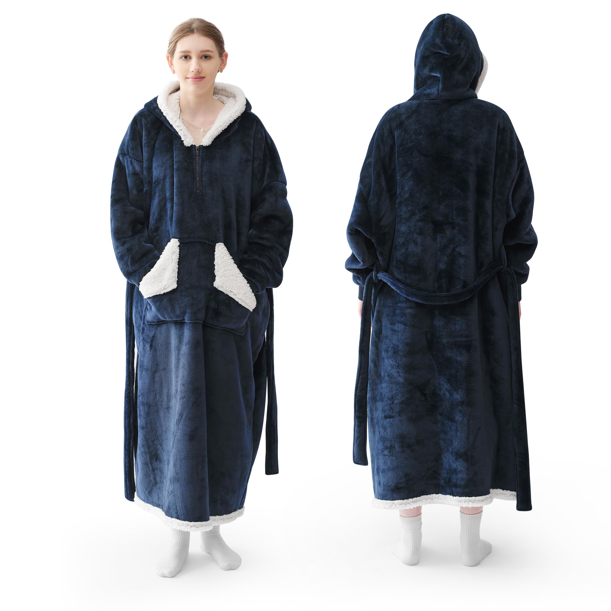 Touchat Wearable Blanket Sweatshirt Gifts for Women and Men,Warm and Cozy Giant Blanket Hoodie,Thick&Long Sherpa Fleece Hooded Blanket with Giant Pocket and Belt, Winter Gifts,Standard- Navy blue