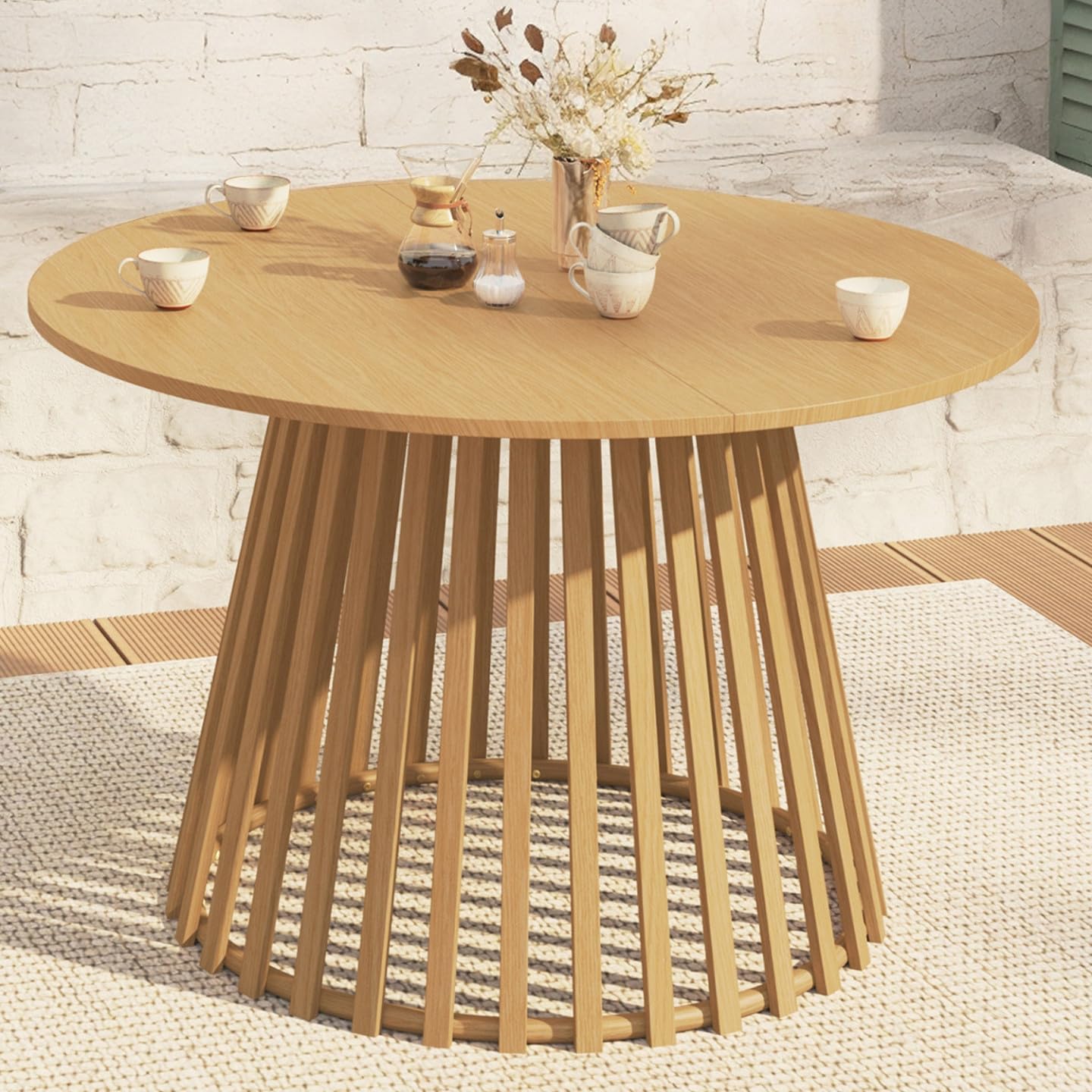 Table de Jardin Ronde SOLAL 120 cm 6 Personnes Pied Lattes Métal Effet Bois