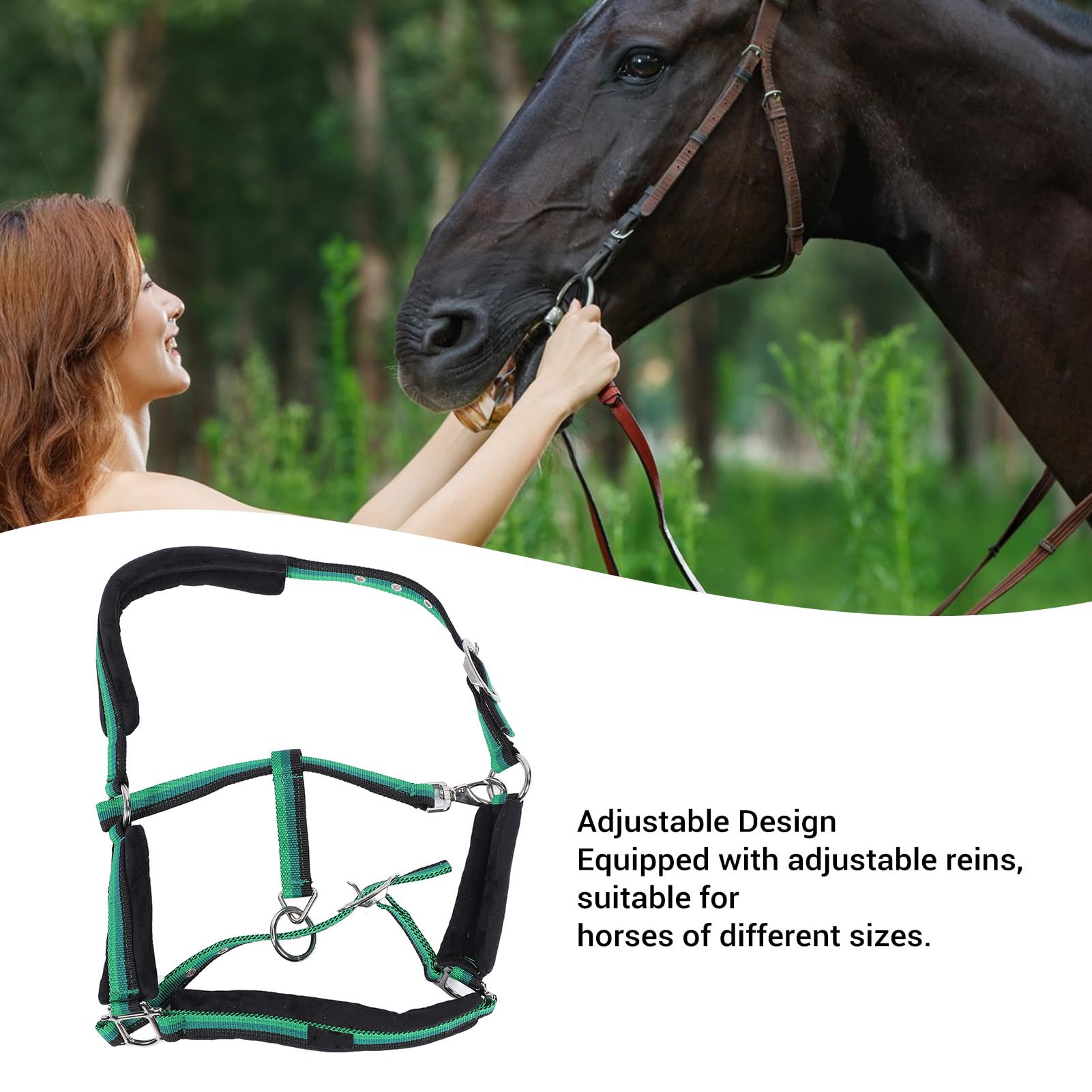 Cavezza per Cavallo in Nylon Resistente, Regolabile, con Imbottitura Anti‑sfregamento su Mento e Gola e moschettone a Scatto, Ideale per l’addestramento e la Gestione; Design
