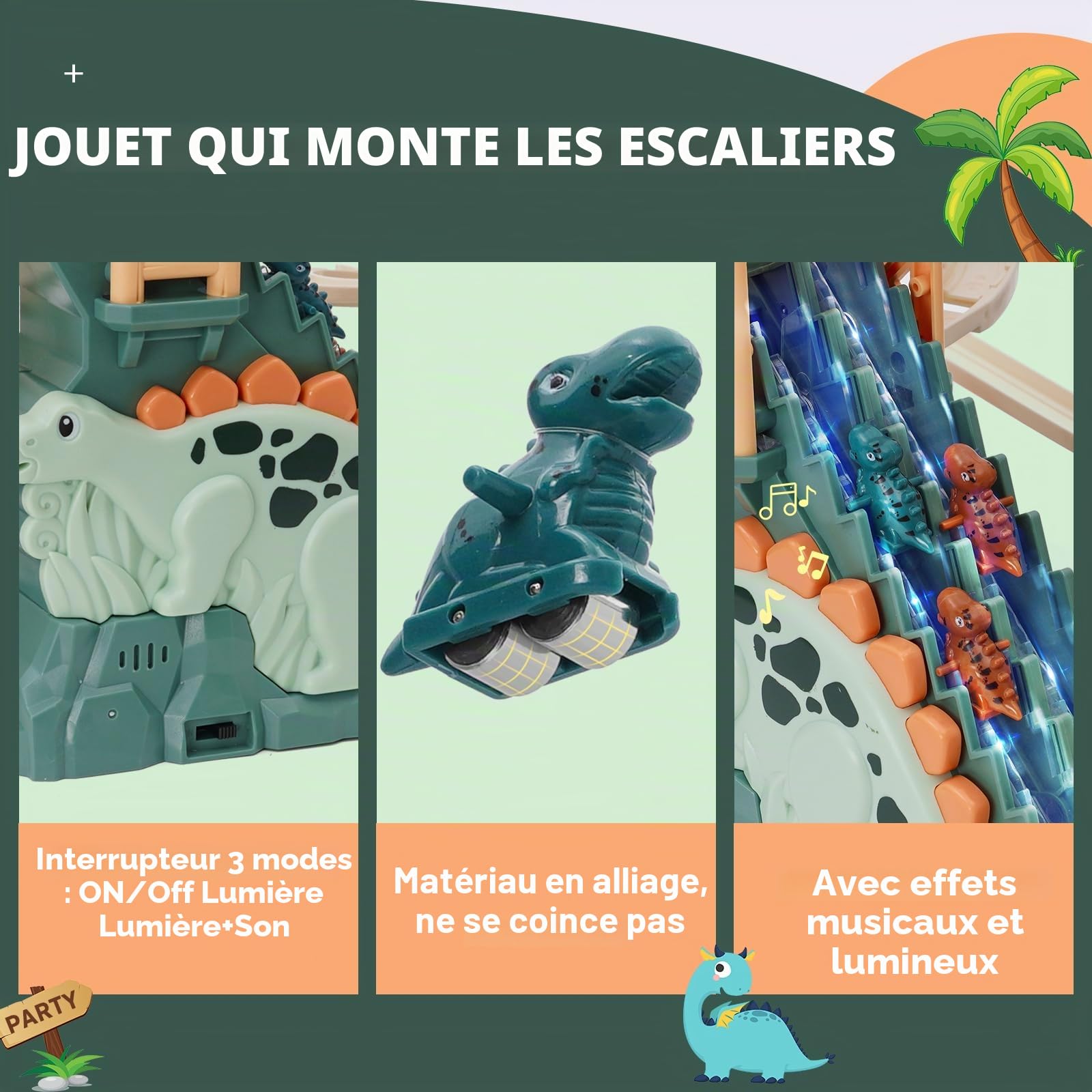 Piste de Course Jouet Dinosaure Escalade Escaliers Jouet Double Boucle Toboggan pour Enfants avec Musique Lumière Intelligence Puzzle Éducatif Playset pour Enfants Garçons Filles