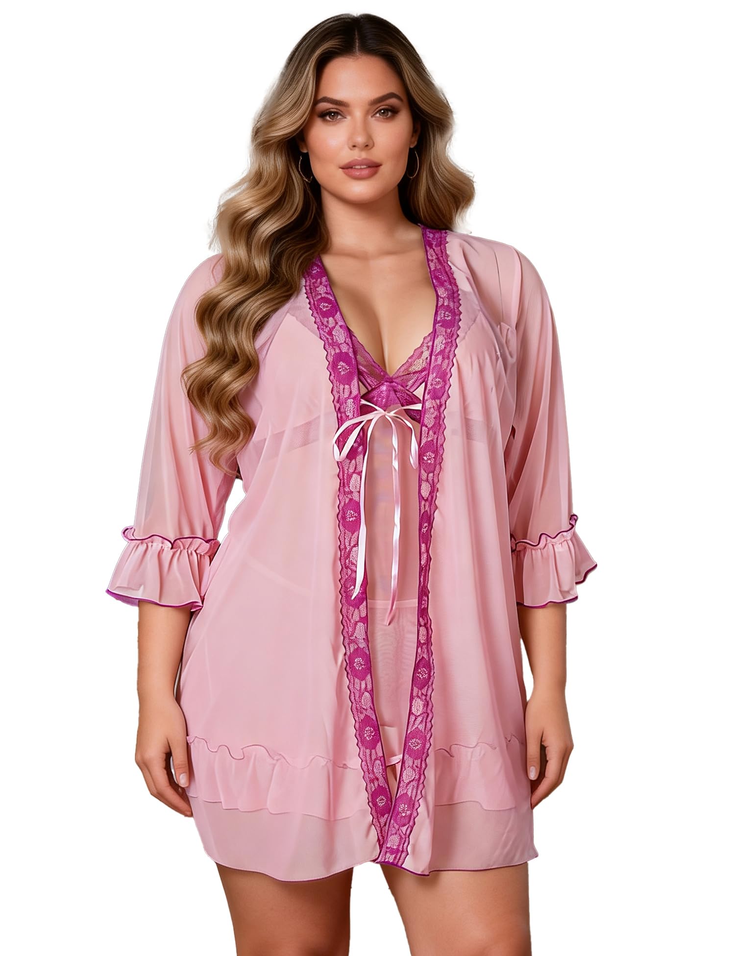 ohyeahlady 2PCS Kimono avec Chemise de Nuit Dentelle Transparent Sexy Femme Grande Taille Robe De Nuit Babydoll Pyjamas XXL,Rose