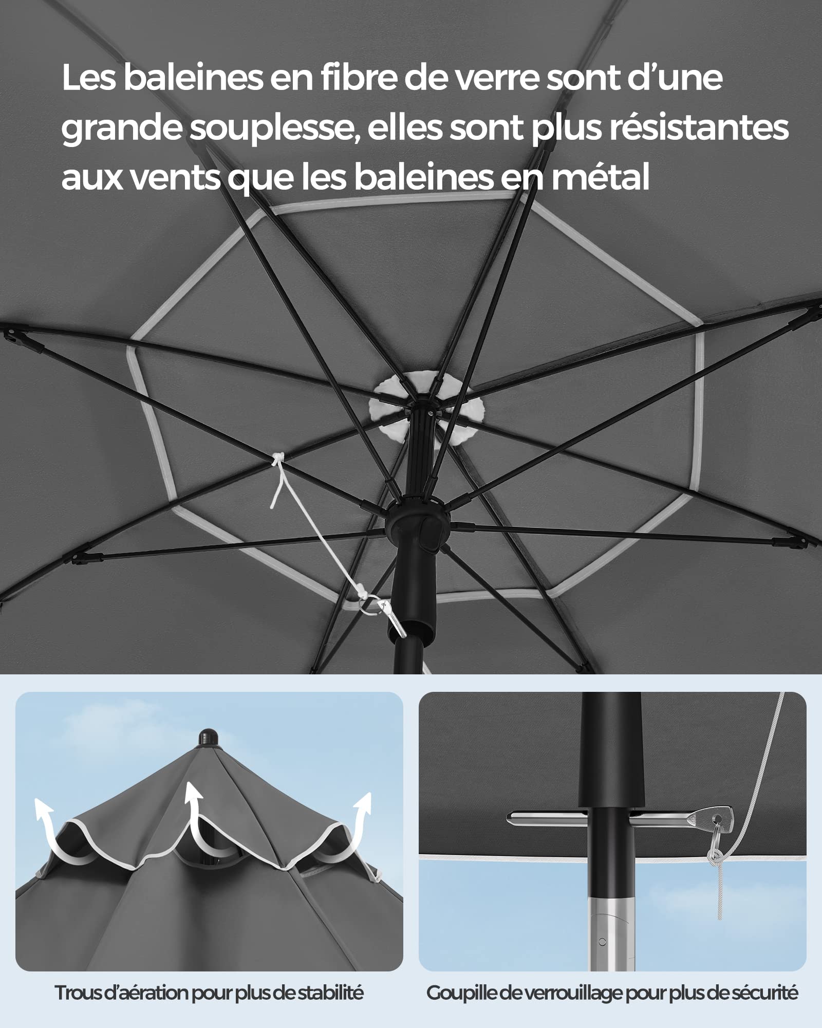 SONGMICS Parasol de 160 cm, Protection Solaire UPF 50+, Inclinable sur 30° dans les 2 sens, Hauteur Réglable, avec Sac de Transport, pour Balcon, Jardin, Terrasse, Plage, sans Base, Gris GPU060G01