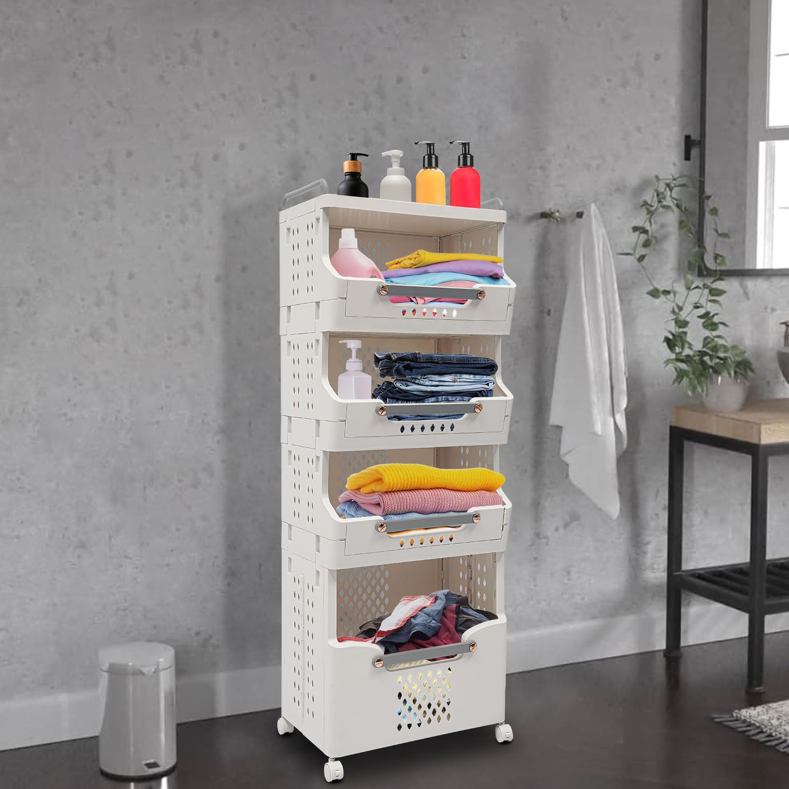 Wäschekorb Plastik Wäschesammler Wäschewagen Laundry Organizer, Stapelbare Wäschekorb mit Rollen, Wäschetrenner mit 3 Aufbewahrungskörbe Wäsche Sortiersystem, 41.6 * 29.7 * 88.8cm