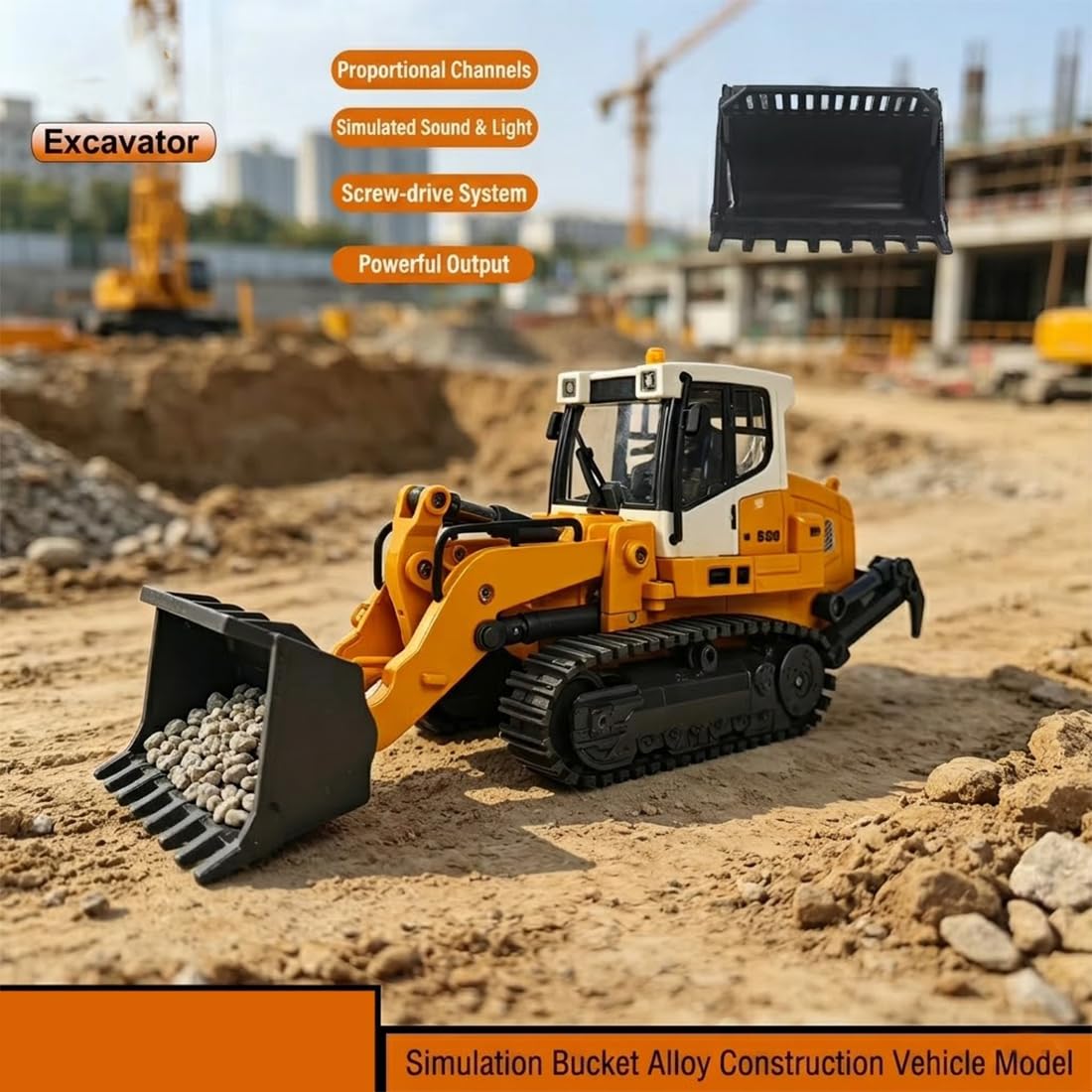 Koparko-ładowarka RC w skali 1/50 – 2,4 GHz 26-kanałowy model pojazdu budowlanego z efektem dźwiękowym i świetlnym oraz wiadro 3 w 1 do pracy na zewnątrz i wyświetlacza, prezent dla