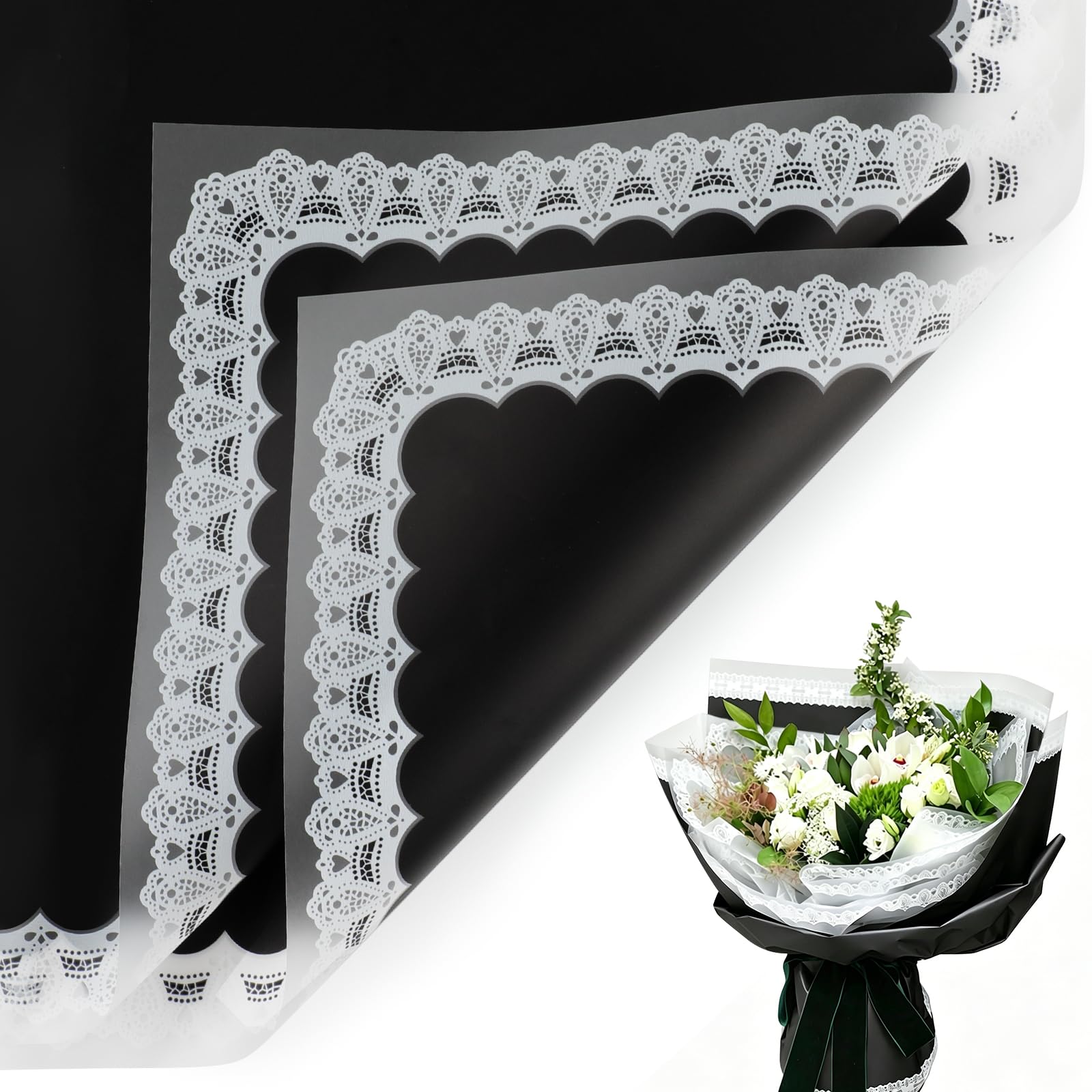20 Sheets Flower Bouquet Wrapping Paper,Waterproof Flowers Wrapping Paper, Florist Bouquet Wrap Papers,Decorative Gift Wraps for Wedding Birthday Party Supplies (Black & Lace Edge)