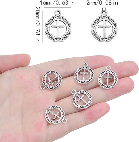 Miniatura 3 de 100 dijes de cruz redonda de plata antigua, de aleación hueca, filigrana, flor, cruz, colgantes, para manualidades, manualidades, joyería,