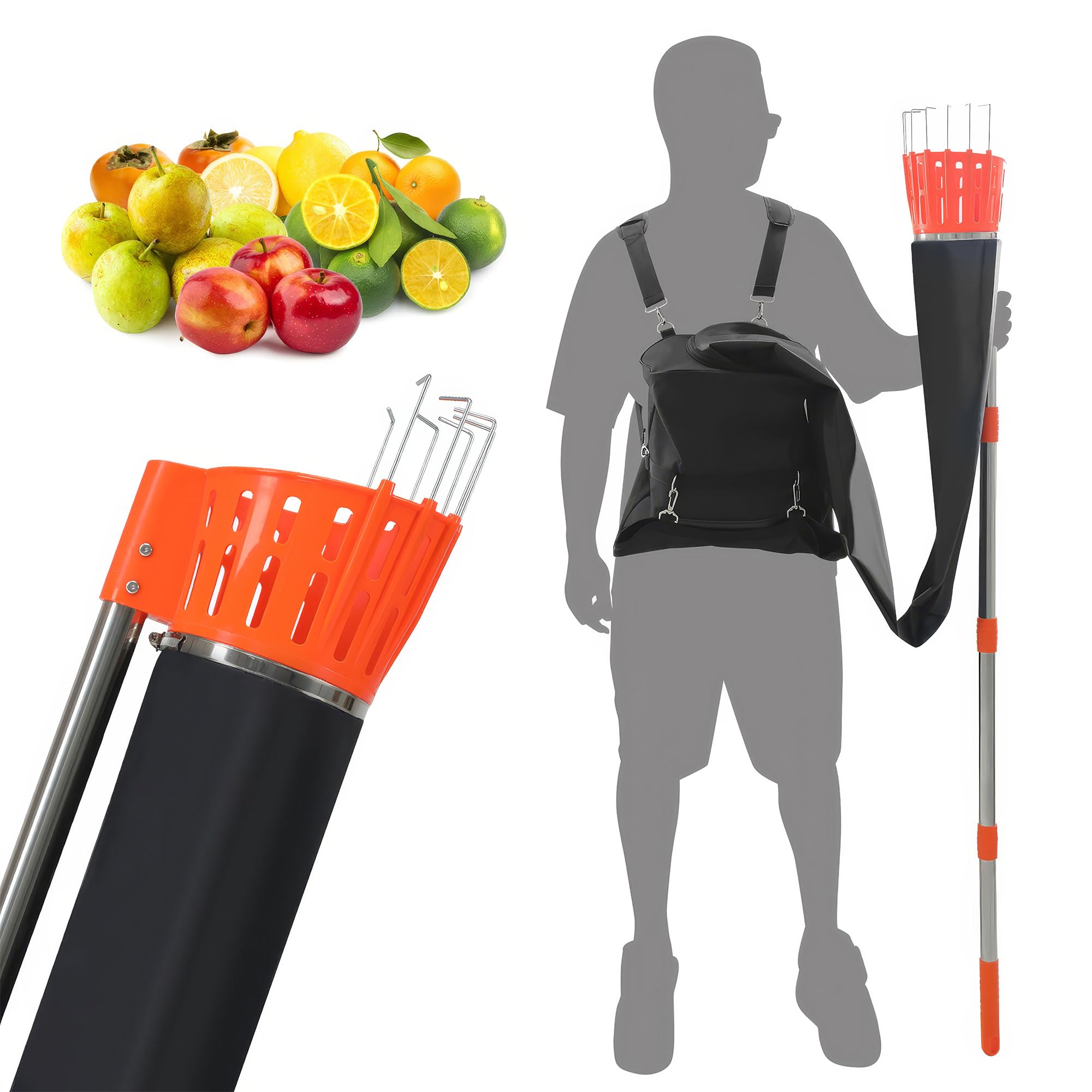 BOUDECH Pametik - Raccoglitore di Frutta a Imbuto Manico Telescopico 4m con Supporto e Borsa in Tessuto per Raccolta di Mele Arance Pere Arancione e Nero
