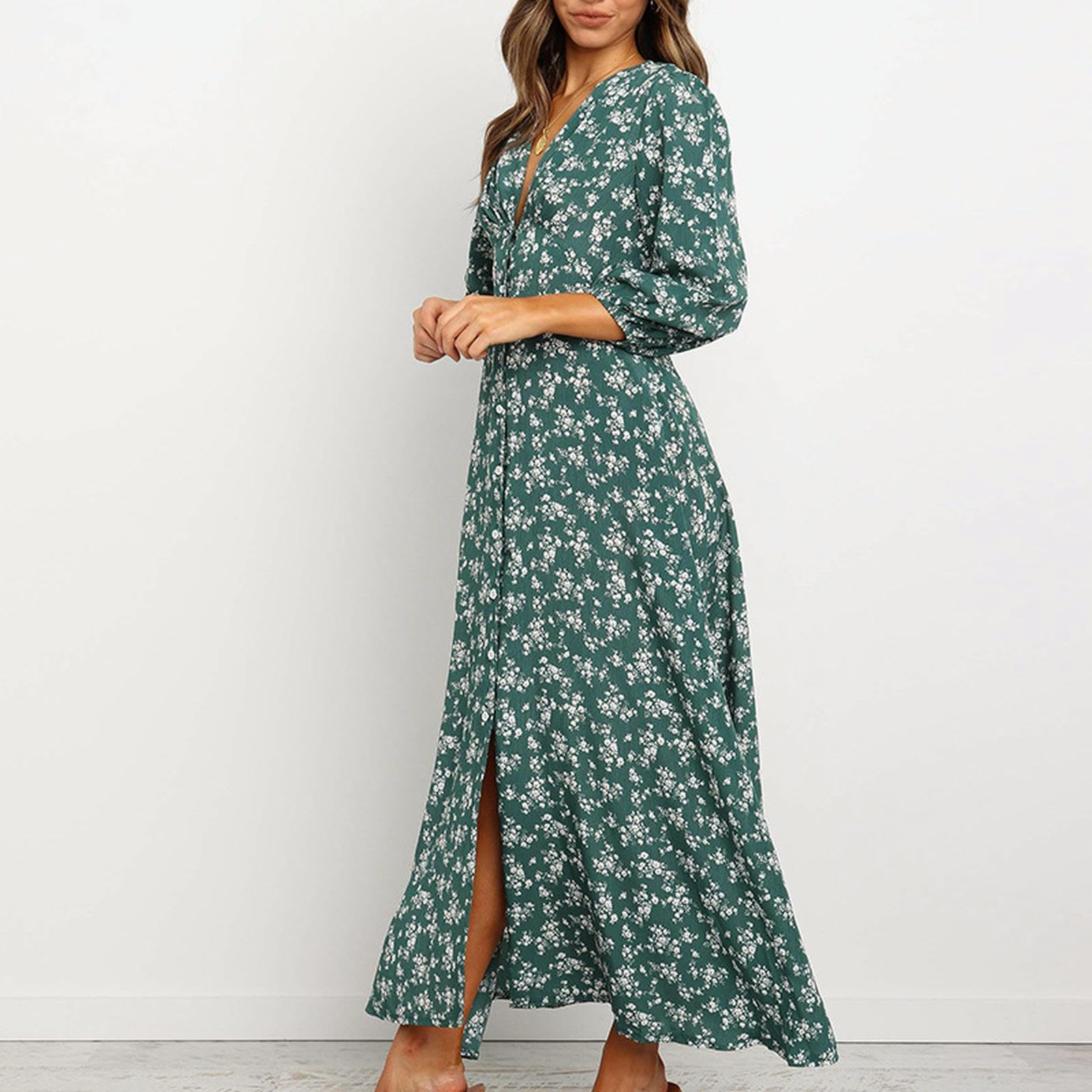 Damska Letnia Sukienka V Neck Latarka Rękawy Guziki Wysoka Talia Casual Retro Midi