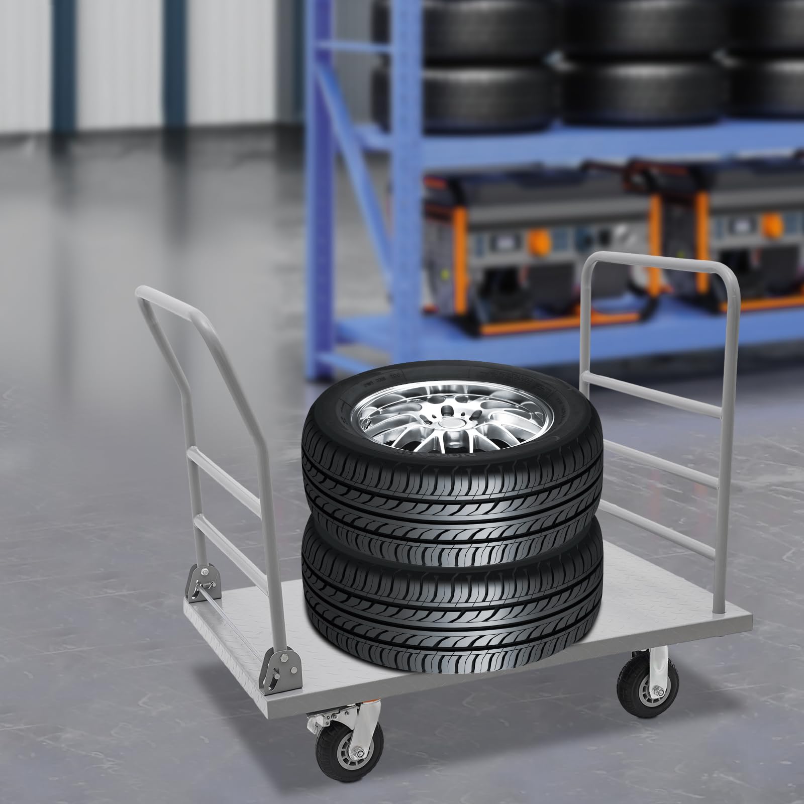 Plattformwagen bis 907kg,Transportwagen mit klappbar Griff abnehmbarer Schutzbügel,106.68x63.5cm Antirutsch-Ladefläche & 4xø15.62cm Gummiräder mit 2 Bremsen,Plattformwagen für Baustelle Lager Logistik