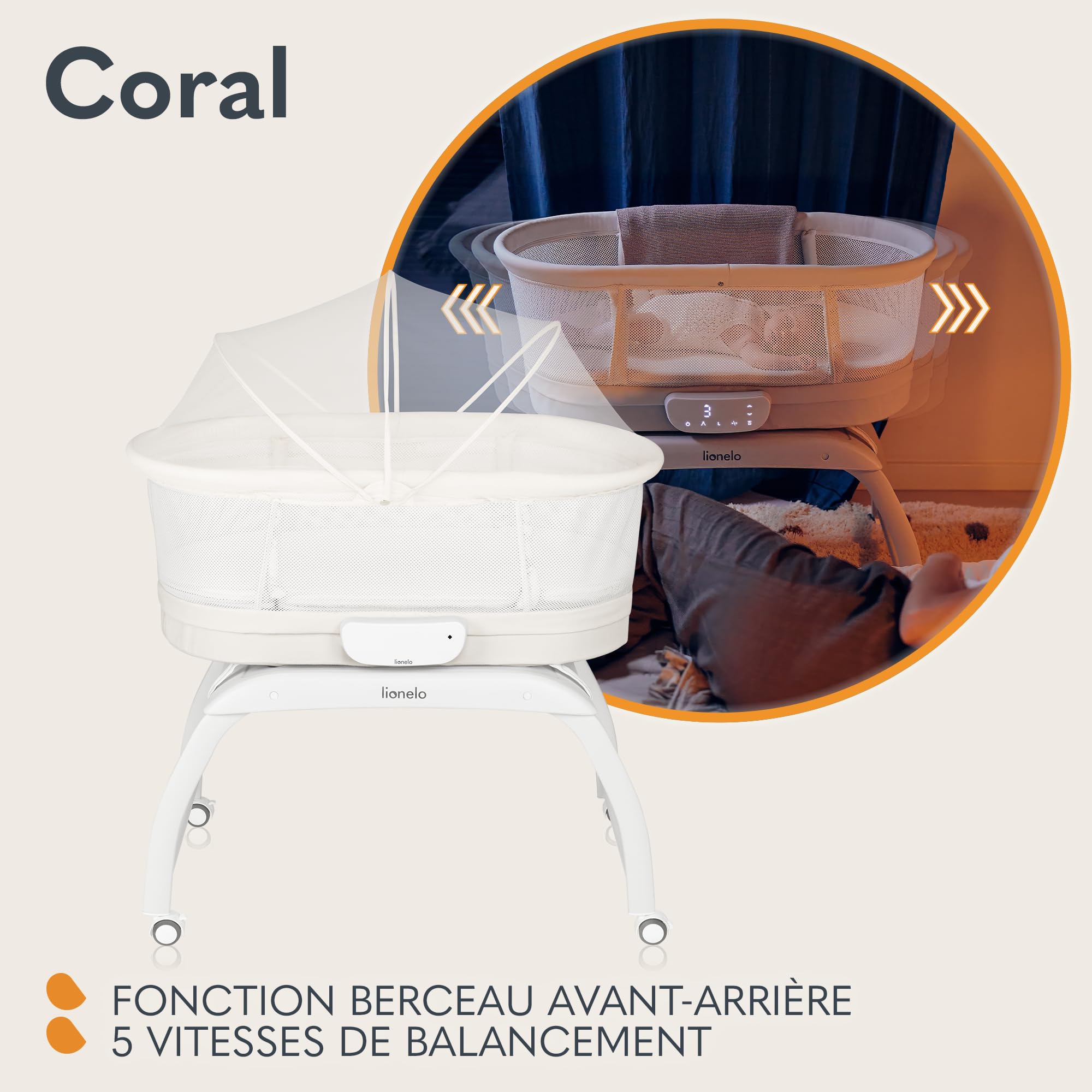 LIONELO Coral 3 en 1 Lit Bébé jusqu'à 9 kg, Berceau, Pèse-bébé, 5 Vitesses de Balancement, 12 Mélodies 4 roulettes Matelas Ergonomique Minuterie Télécommande Moustiquaire