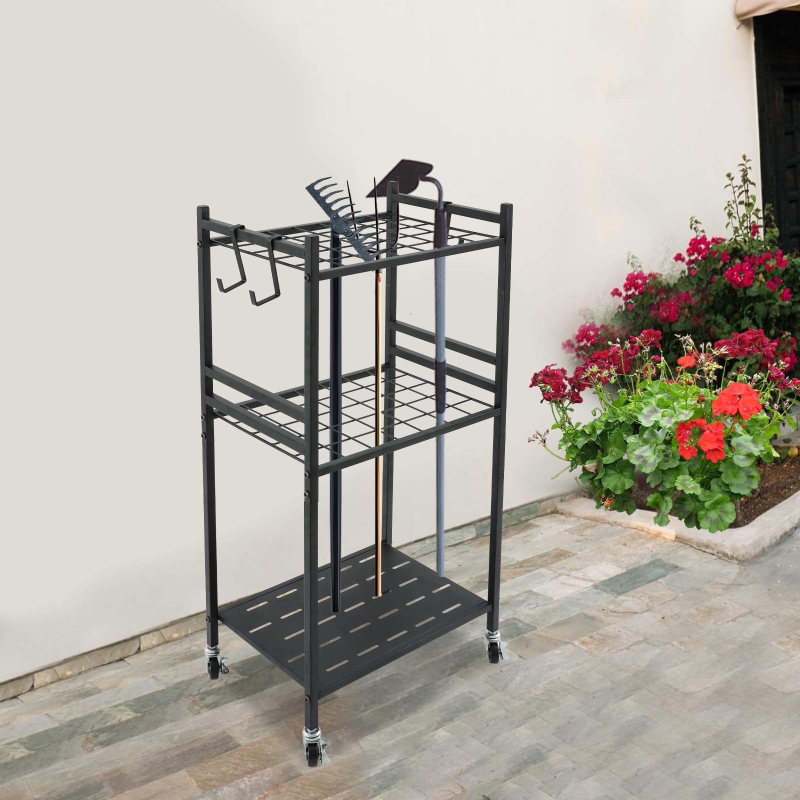 Organizer per attrezzi da giardino, carrello per attrezzi da giardino, supporto per pale, scope, portata fino a 30 kg, 35 scomparti e ganci, con 4 ruote, portautensili, per garage e giardino