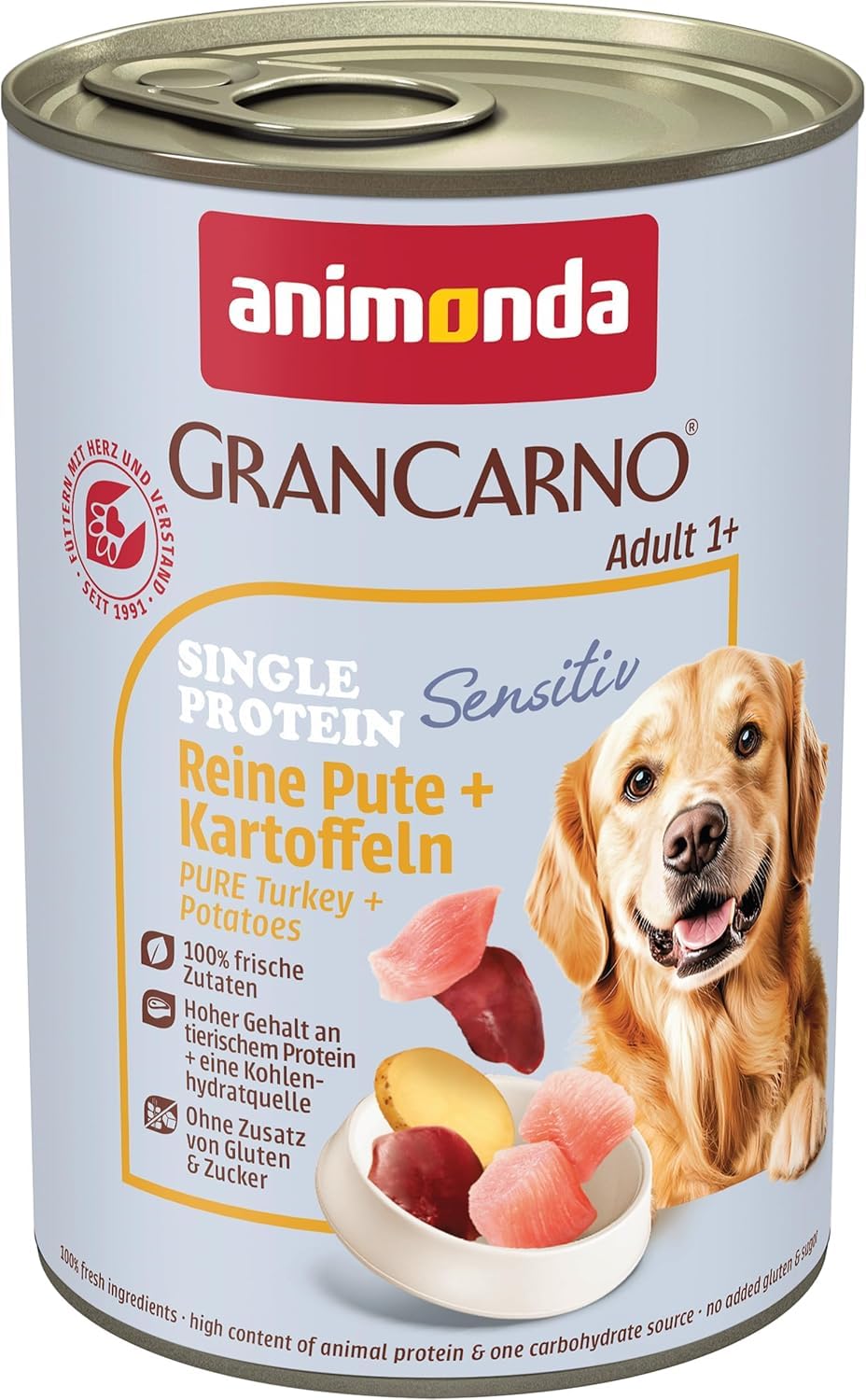 Comida para perros animonda GranCarno Sensitiv Adult, comida húmeda para perros adultos, carne pura de pavo + patatas, 6 x 400 g