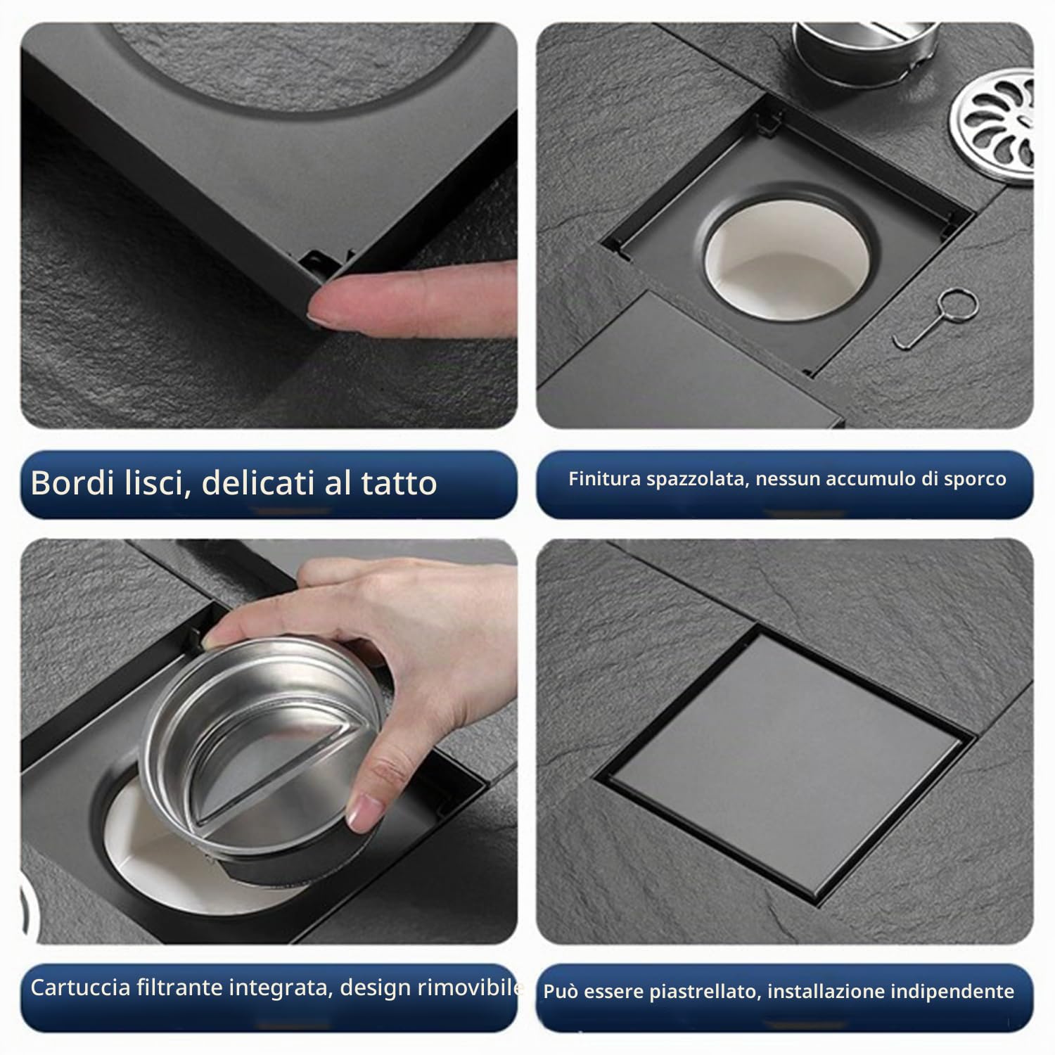 Canalina per doccia quadrata 15 x 15 cm,Piletta Doccia a Pavimento,Nero Scarico Pavimento Doccia,Con Sifone Antiodore a 360°,Filtro Antiodore e Filtro Per Capelli,Per Bagni,Cantine,Interni Ed Esterni