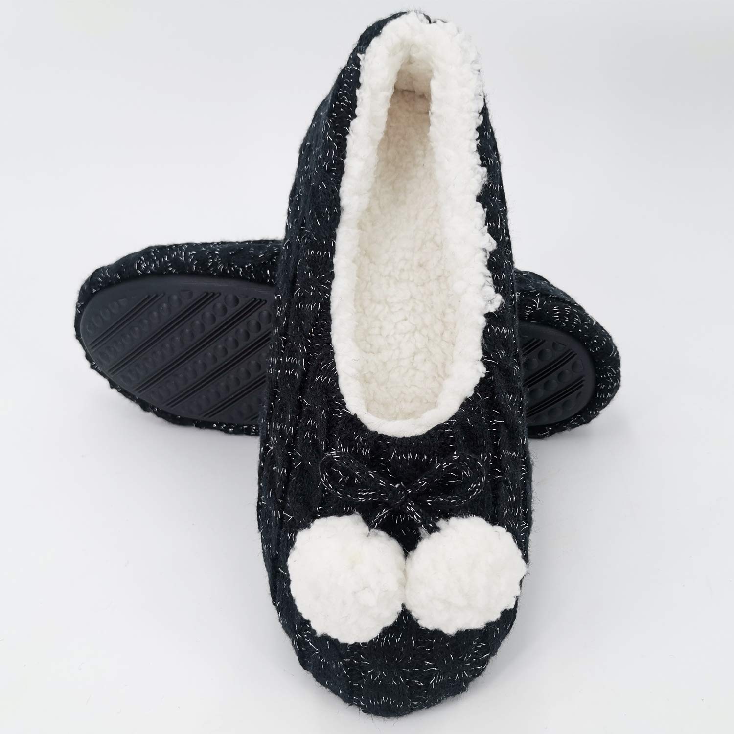 Zapatillas de casa de punto cálido para mujer, estilo de bailarina/zapatos de ballet para interiores con pompones, forro polar de Sherpa sintética, suelas de goma antideslizantes