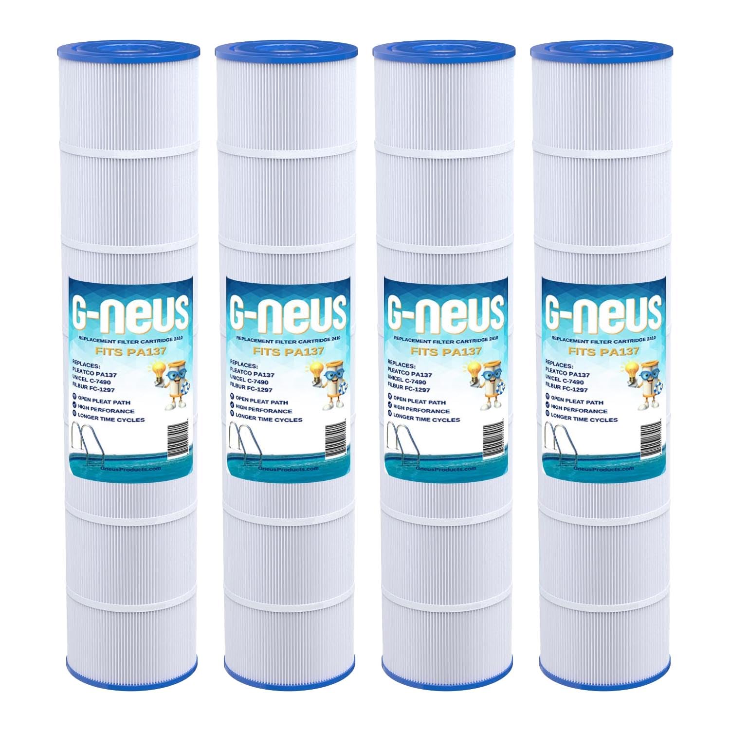 G-NEUS Pool & Spa Filter | Replaces Pleatco PA137, Unicel C-7490, Filbur FC-1297, CX1380-RE | 137 Sq Ft Coverage (x4) | High Performance Replacement Cartridge, 4 Pack