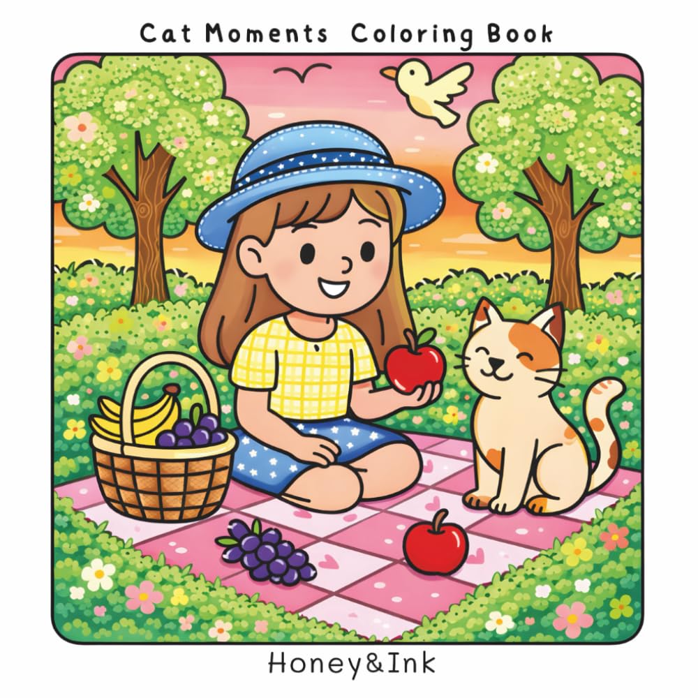 Cat moments Cute and Cozy Coloring book: Relaxing Kitty Designs for Adults and Teens with, Stress Relieving Patterns and Cozy Feline Scenes. Handrawn Illustrations and Mindful coloring