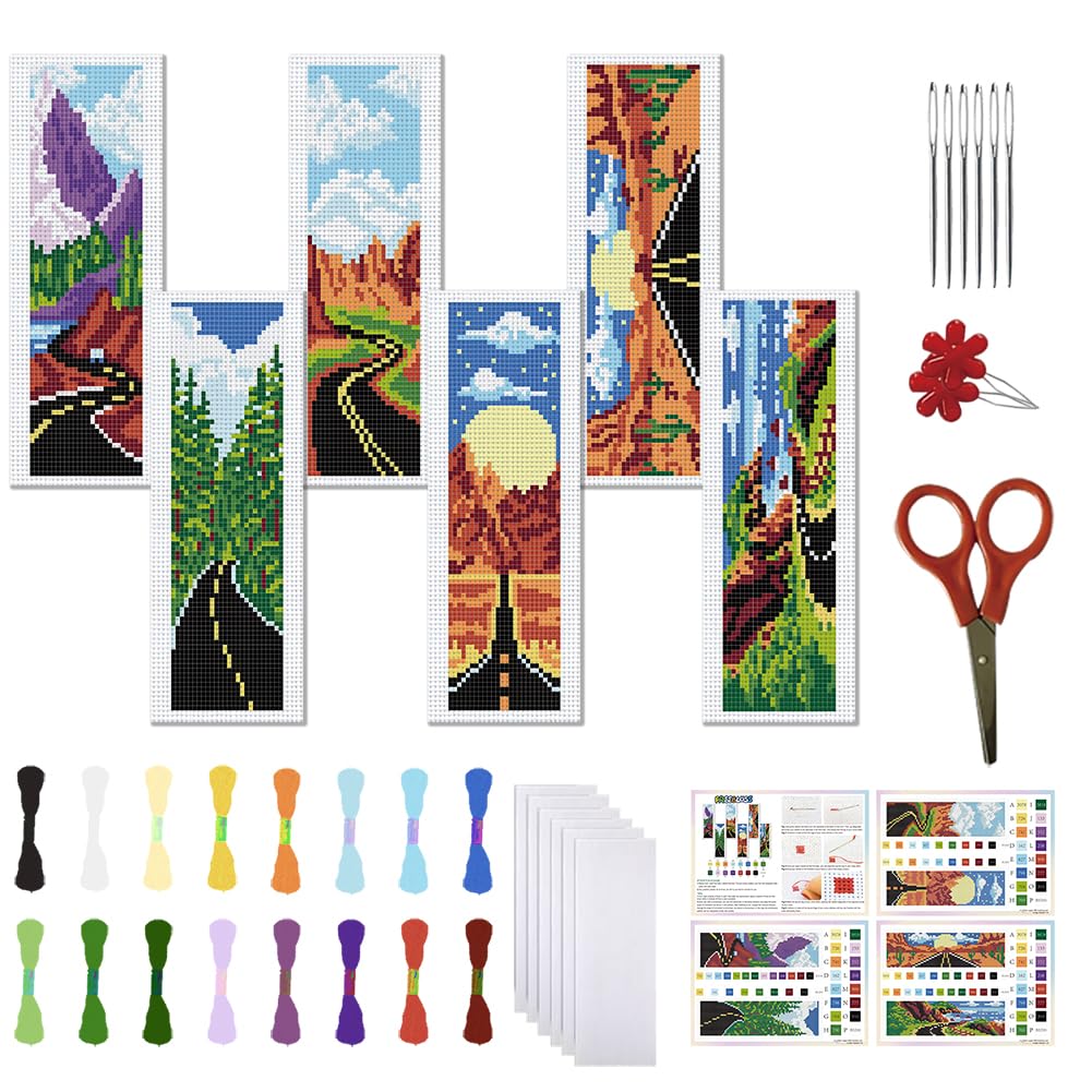 FREEBLOSS 6 Set Cross Stitch Bookmark Kit Cross Stitch Kit Mountain Road Landscape Stamped Embroidery Bookmark with Instruction Cross Stitch Kits for Adults DIY Bookmark Kit 8.66''x3.15''