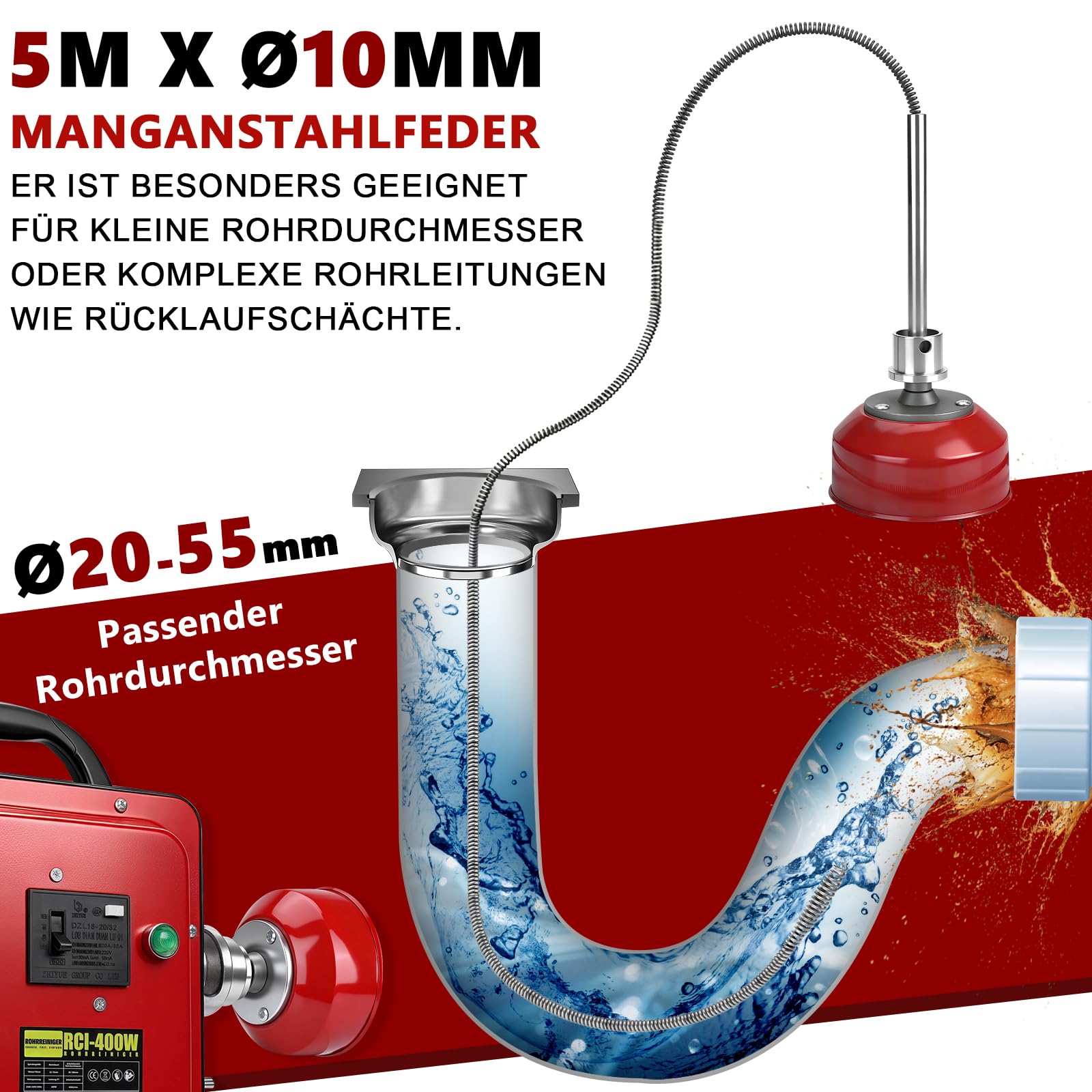400W Elektrisch Rohrreinigungsspirale mit Spirale 16m x Ø16mm & 5m x Ø10mm | f. Ø20-100 mm Rohrleitungen, 450 U/m, Rohrreinigungsmaschine Abflussreiniger Spirale Rohrreiniger Reinigung Drain Clean,