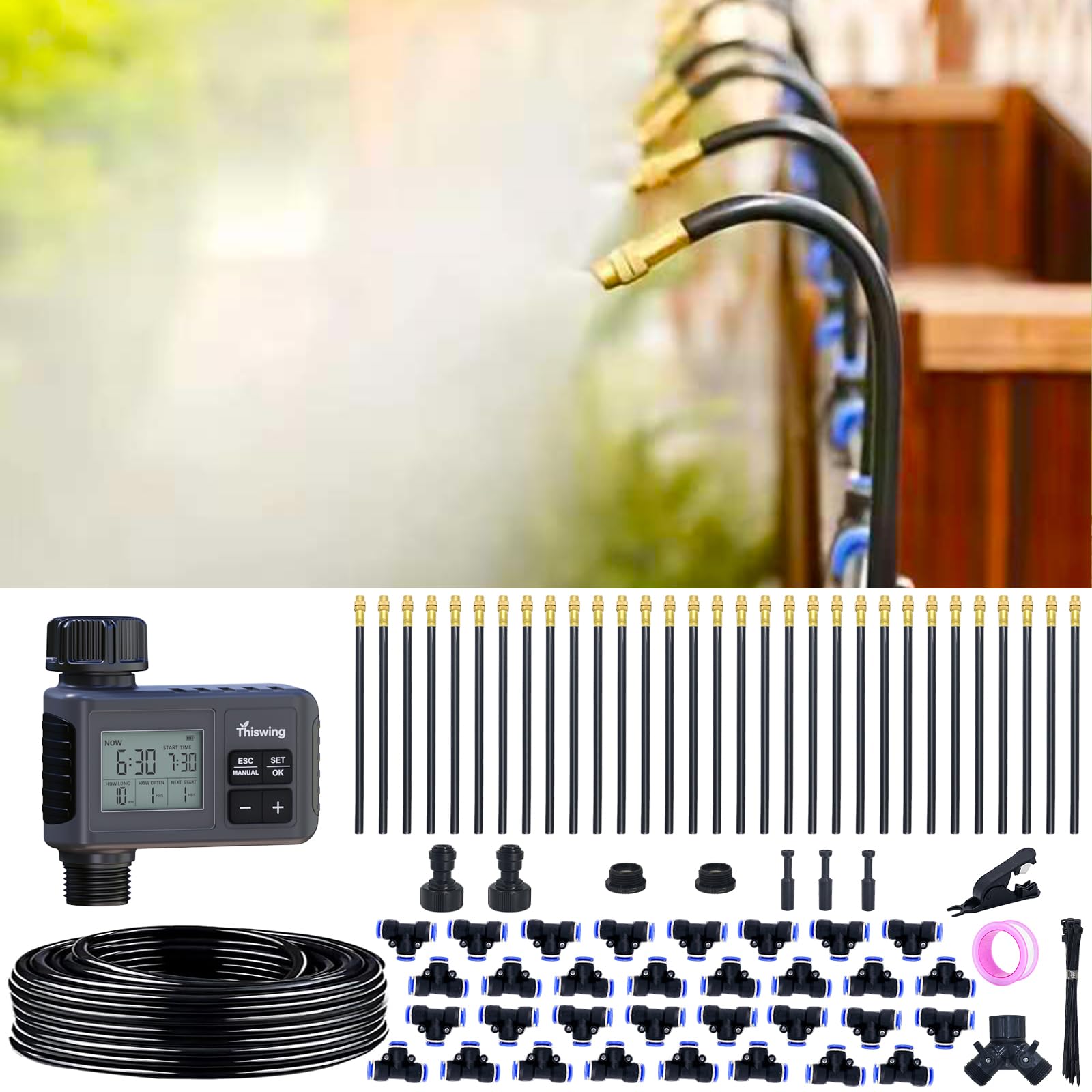 Sistema de riego por goteo ajustable de 360°, sistema de atomización de riego de jardín de 100 pies con 32 boquillas, temporizador de agua, accesorios de invernadero para patio, césped, plantas