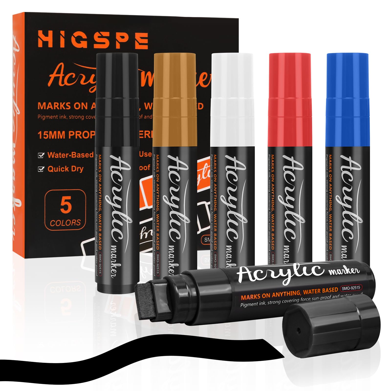 5 Acrylic Markers, Wide, 15 mm 3-in-1 Jumbo Permanent Coloured Markers, Graffiti Markers Acrylic Paint Tip for Ceramic, Stones Metal Wood Glass, Street Artist