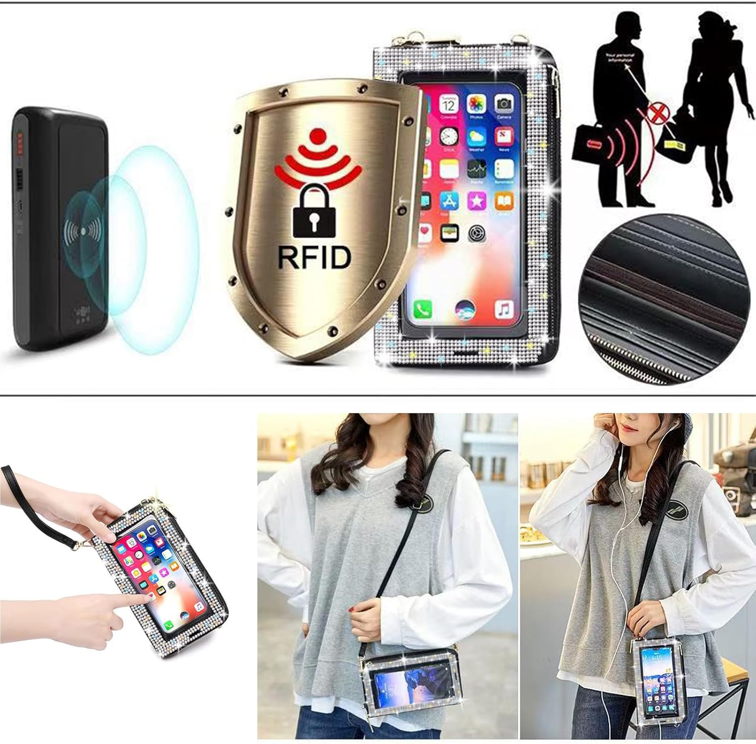 Bling Rhinestone RFID Blocking Touch Screen Phone Bag Womens Wallet Wristlet Clutch Large Capacity Card Phone Holder - Image 5