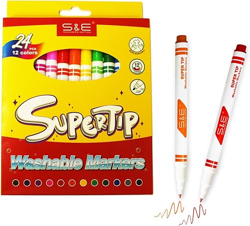 S & E TEACHER'S EDITION Marcadores lavables de 24 unidades para el aula, marcadores de colores Super Tips Paquete a granel, marcadores de dibujo en