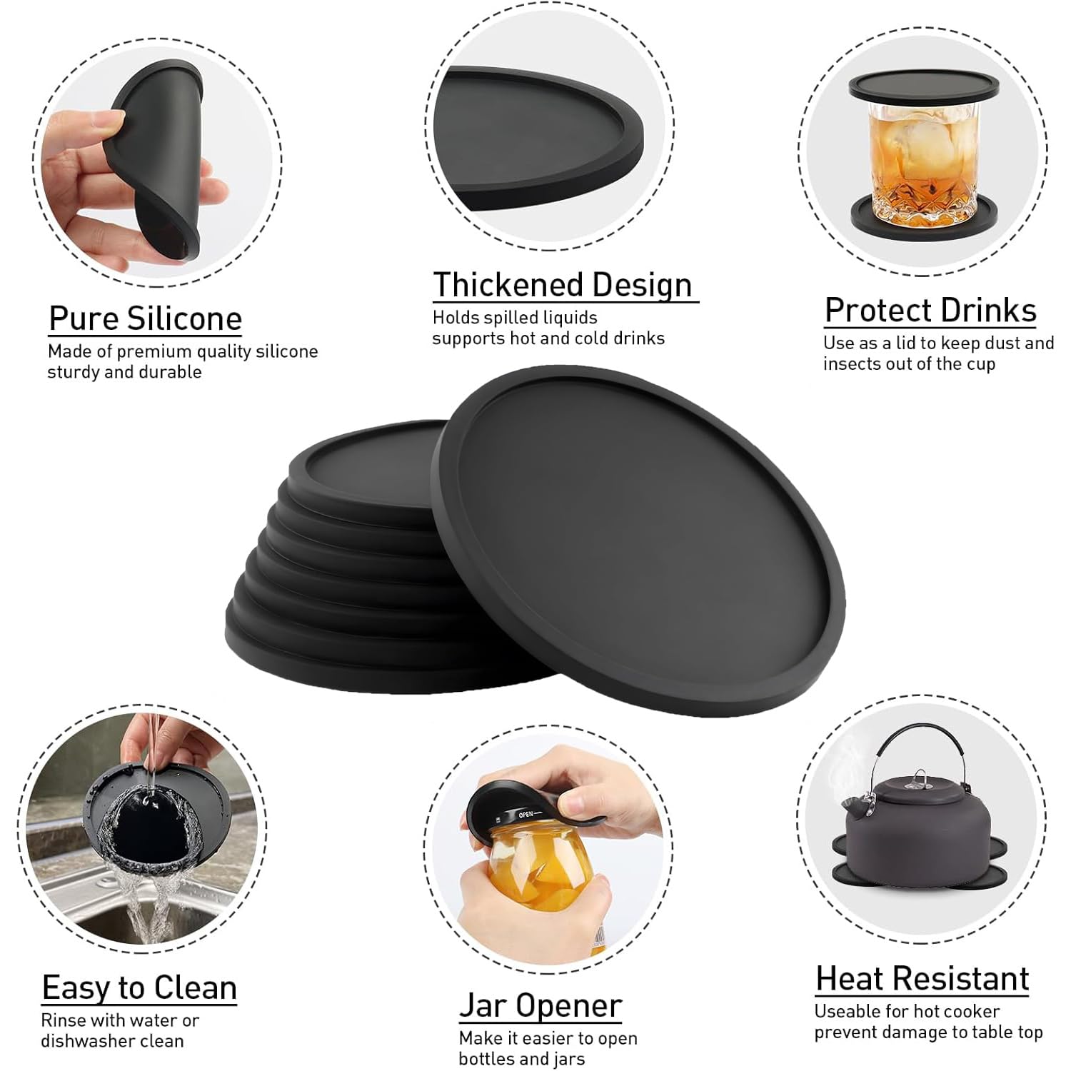 NLONLL 12 Sous-Verres Silicone Noir Rond 10 Cm + Support – Antidérapants, Isolants, Protection Table – Idéal Bière & Café