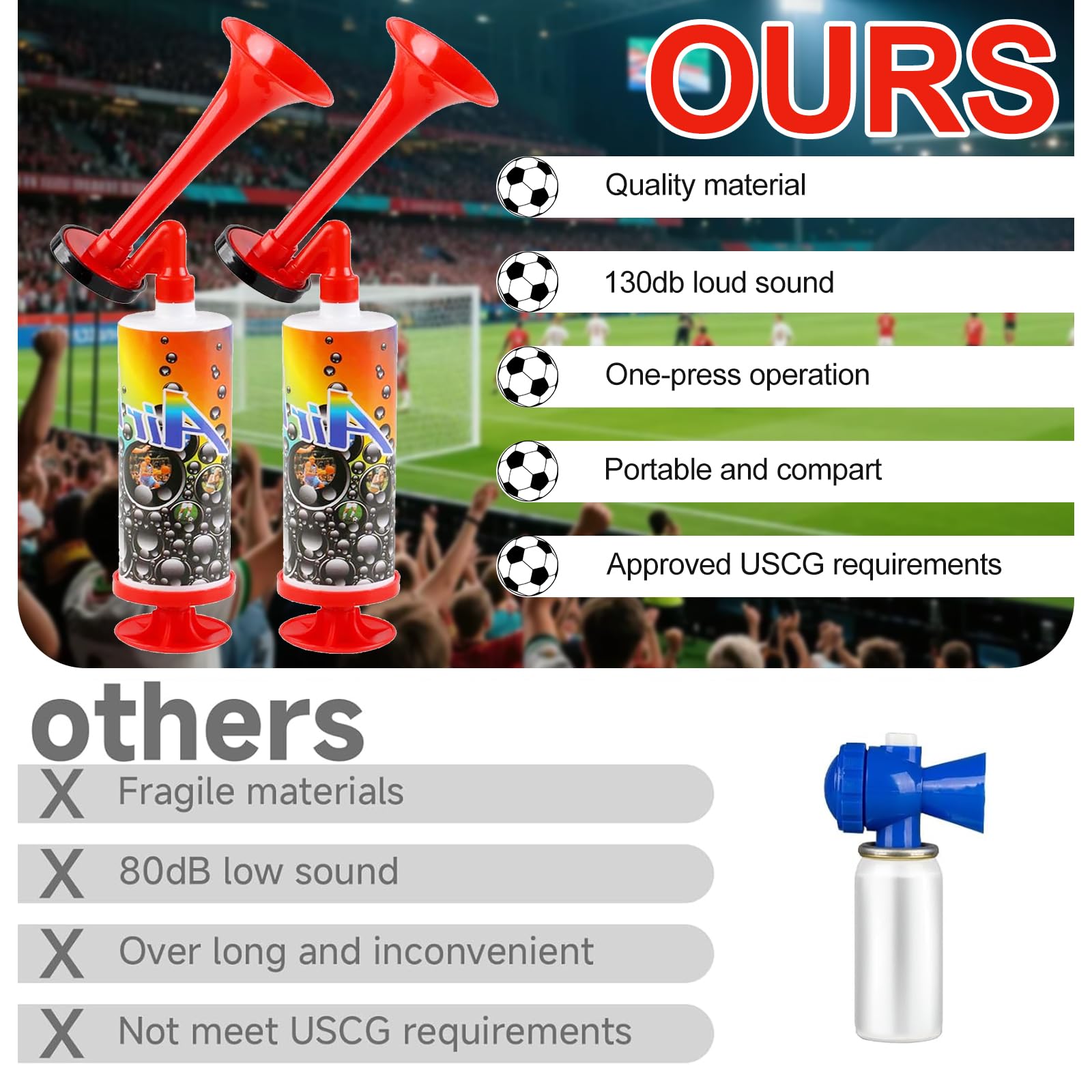 2 PCS Fanfare Air Horn Estremamente Forte, Tromba da Stadio, Tromba d'Aria Portatile, Trombas Stadio ad Aria Manuale, per Partite di Calcio, per Nautica, Eventi Sportivi, Celebrazioni