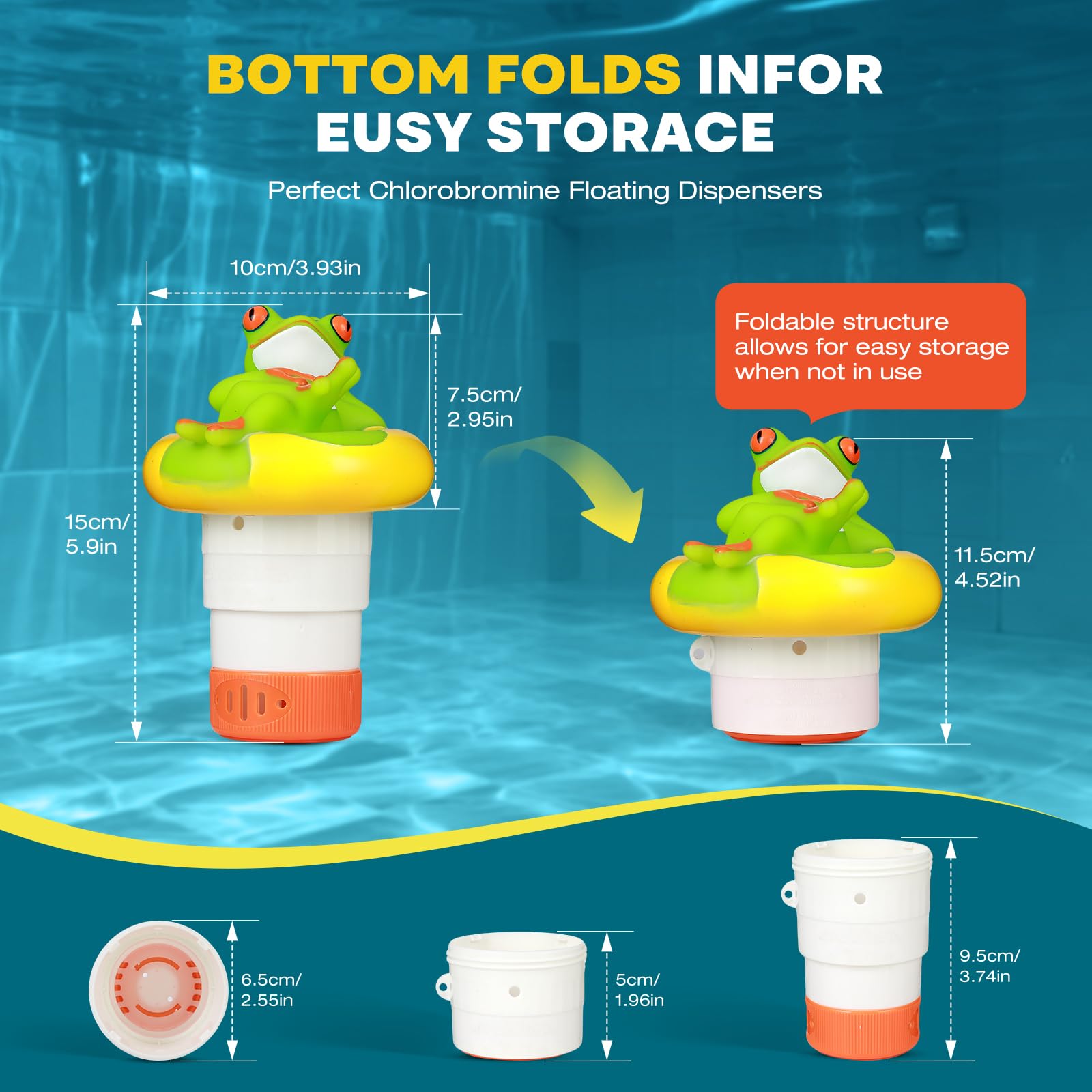 Frosch Pool Chlorschwimmer Verstellbarer schwimmender Chlorspender nur für 2,5 cm Tabletten, Faltbarer Pool-Chemikalienspender für Schwimmbäder, Spas, Whirlpools, heiße Quellen & Wasserparks