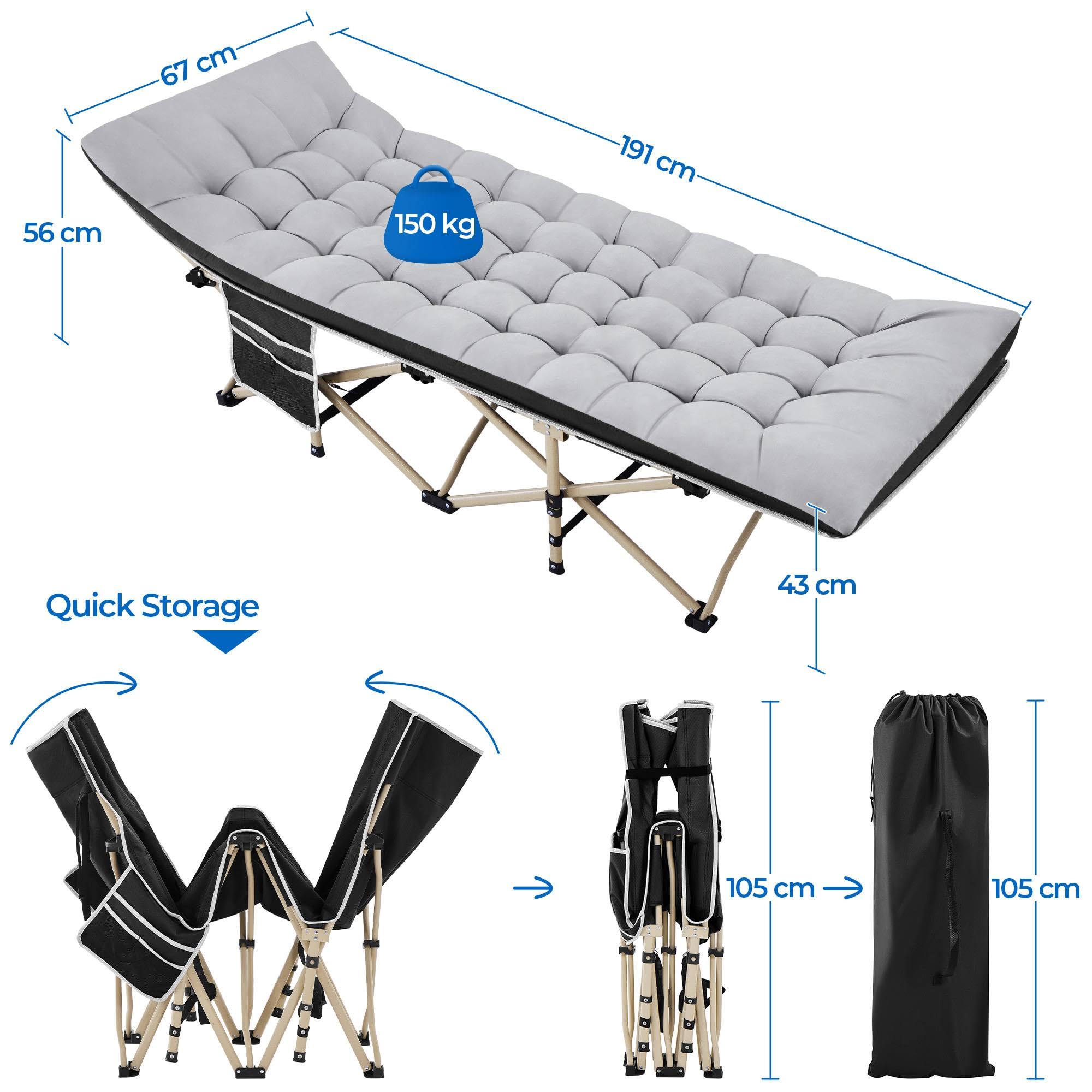 Yaheetech Lit de Camp Pliable avec Matelas Pochette 150 kg Charge Pliant 1 Personne Longueur 191 cm avec Sac de Transport Cadre en Métal pour Extérieur Voyage Pêche Randonnée Maison Jardin