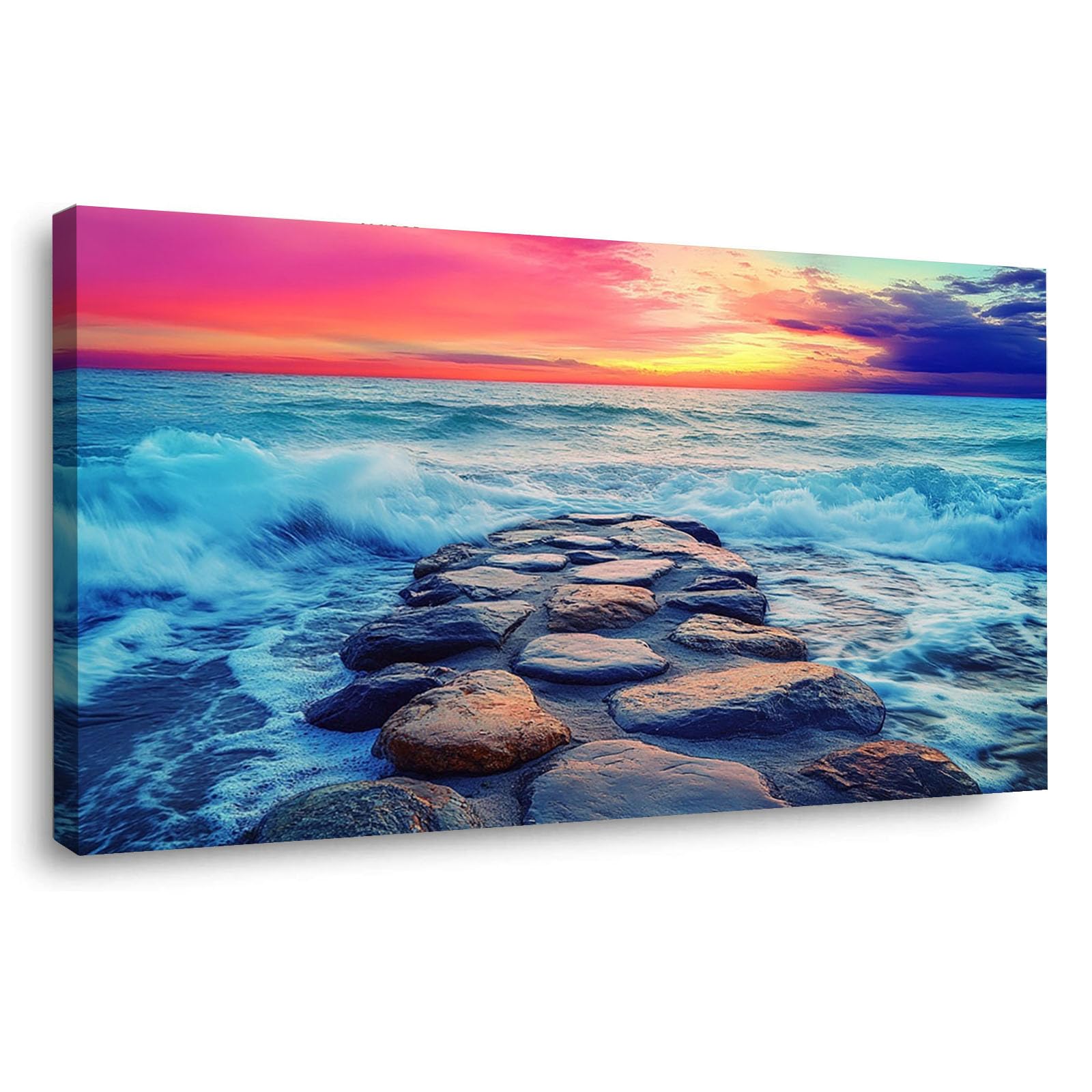WIKEO Beach Canvas Wall Art Beach And Stones Mural Coastal Tropical Artwork Prints Pictures,for Bathroom Bedroom Living Room Home Office Wall Decor(Red 10)-40x80cm Framed