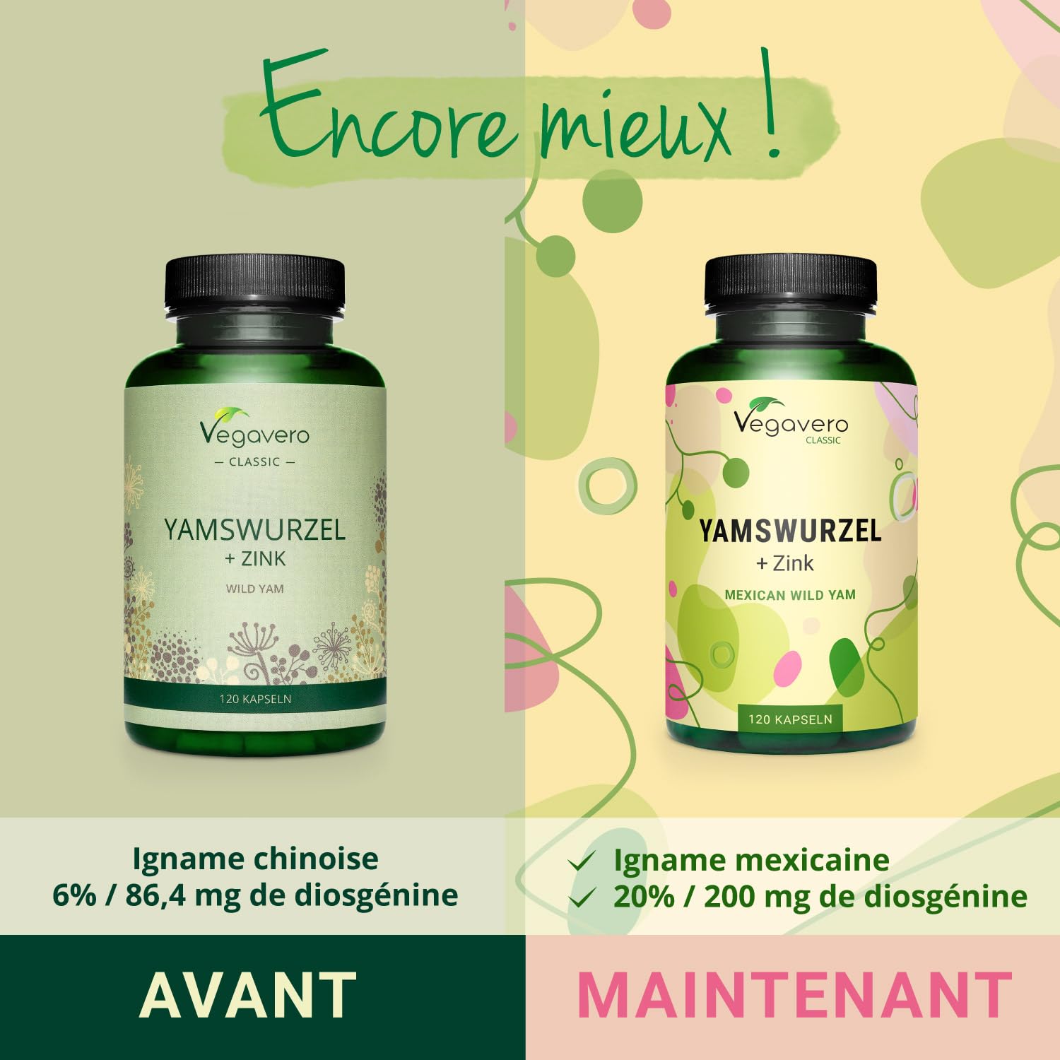 Igname Sauvage | Avec Zinc | Extrait Fortement Dosé : 1000 mg | 20% Diosgénine | 120 Gélules | SANS ADDITIFS et VEGAN | Vegavero®