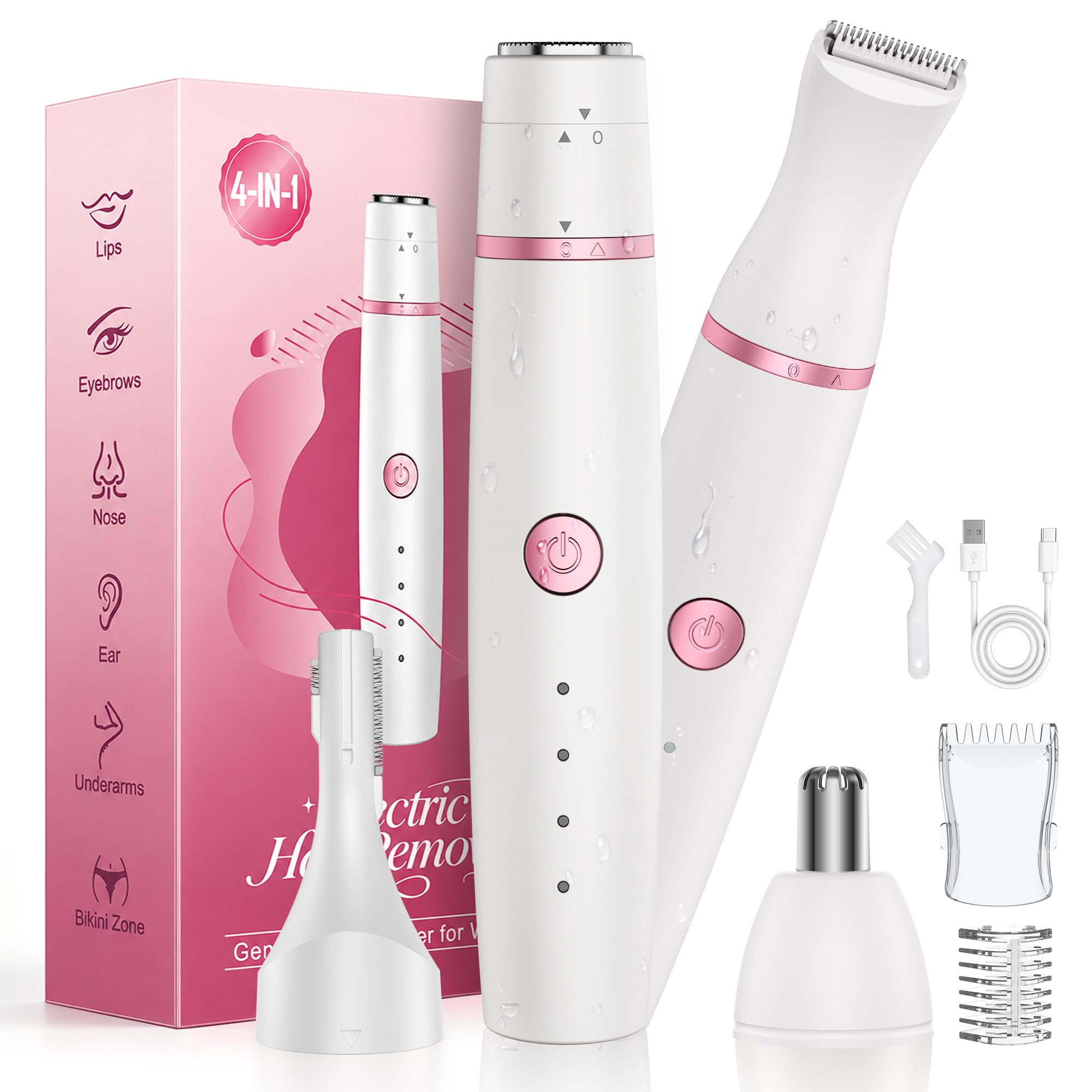 Facial Hair Remover for Women,4-in-1 Bikini Trimmer Women,USB C Mini Lady Shavers with 4-Level Battery Indicator (25%, 50%, 75%, 100%) Eyebrow Razor,Nose Trimmer,for Face Nose/Ear Body,Easy to Clean