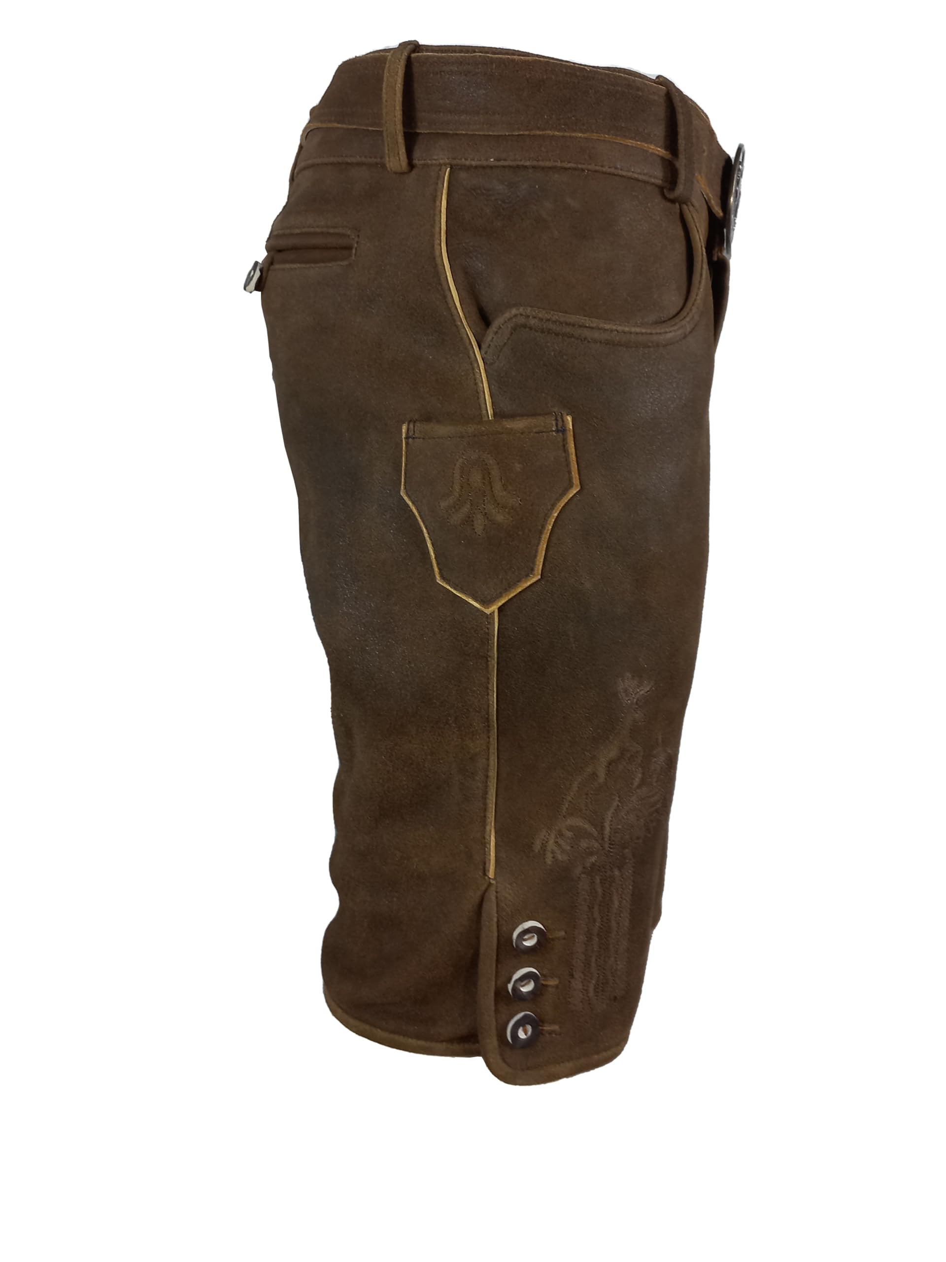 Kurze Herren Trachten Lederhose mit Gürtel, speckig Antik-Patina, Wildbockleder, Jäger