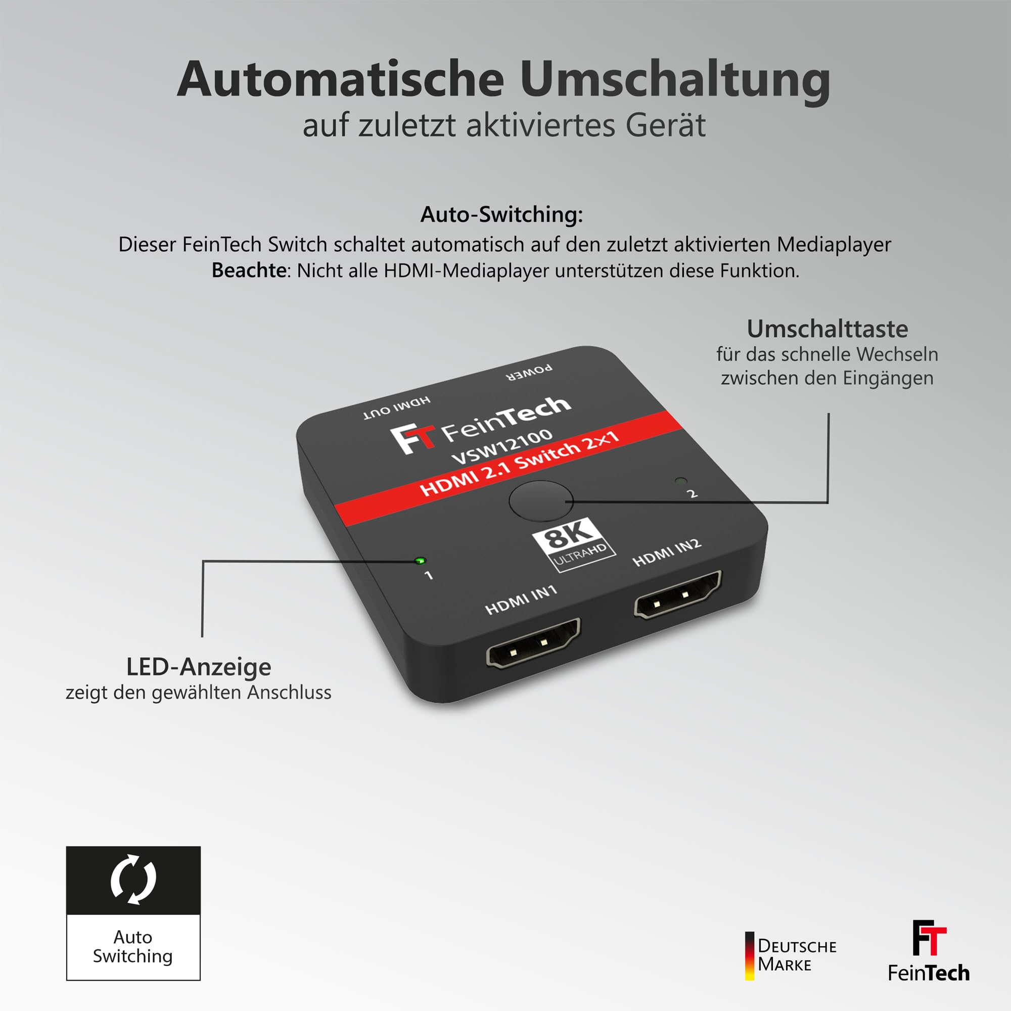 FeinTech VSW12100 HDMI 2.1 Switch 2 in 1 Out 4K 120Hz 8K 60Hz 48Gbps für Xbox PS5