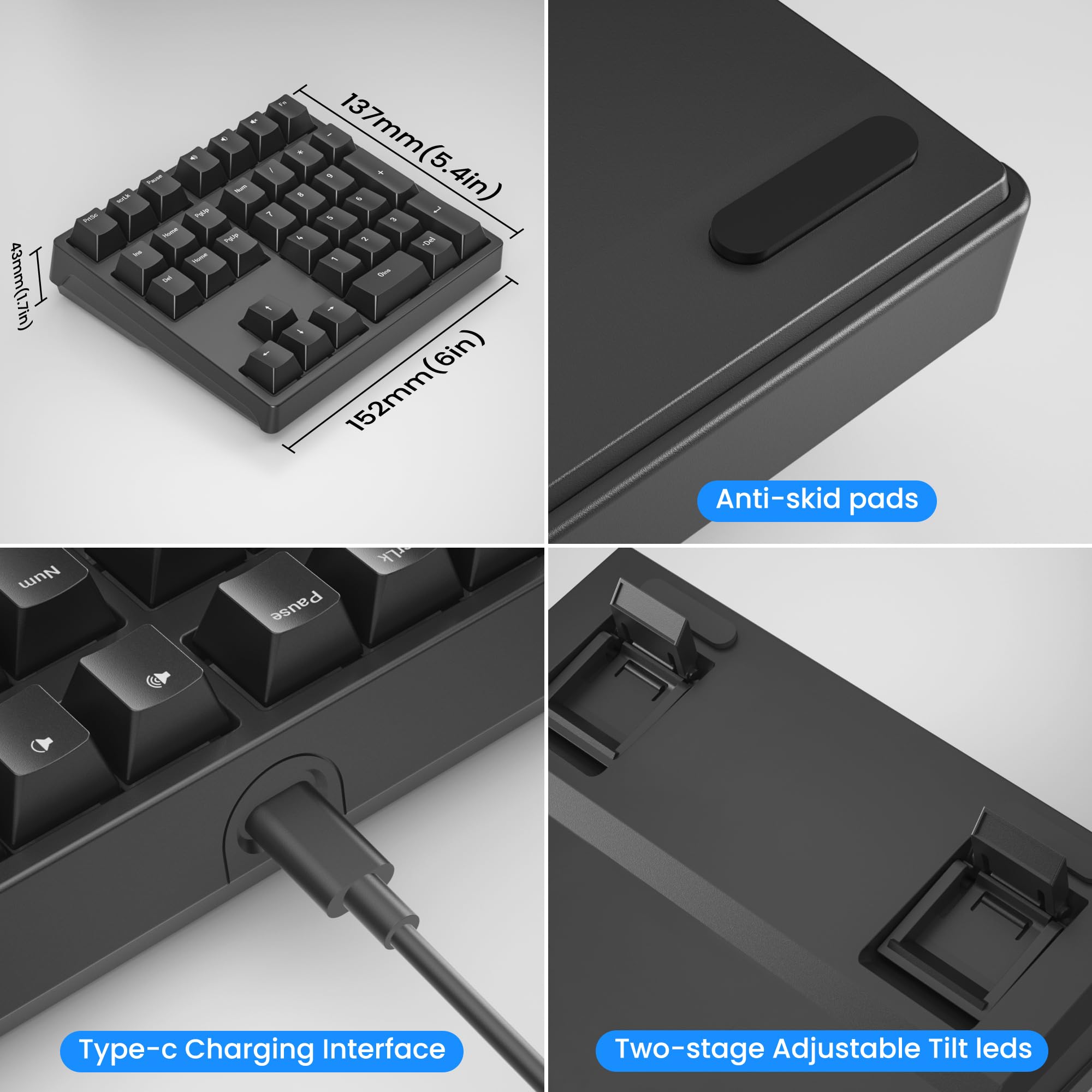 Gurjot Pavé numérique filaire USB mécanique noir | Rétroéclairage LED RVB, 34 touches, touches PBT avec commutateurs bleus, compatible Windows/Mac