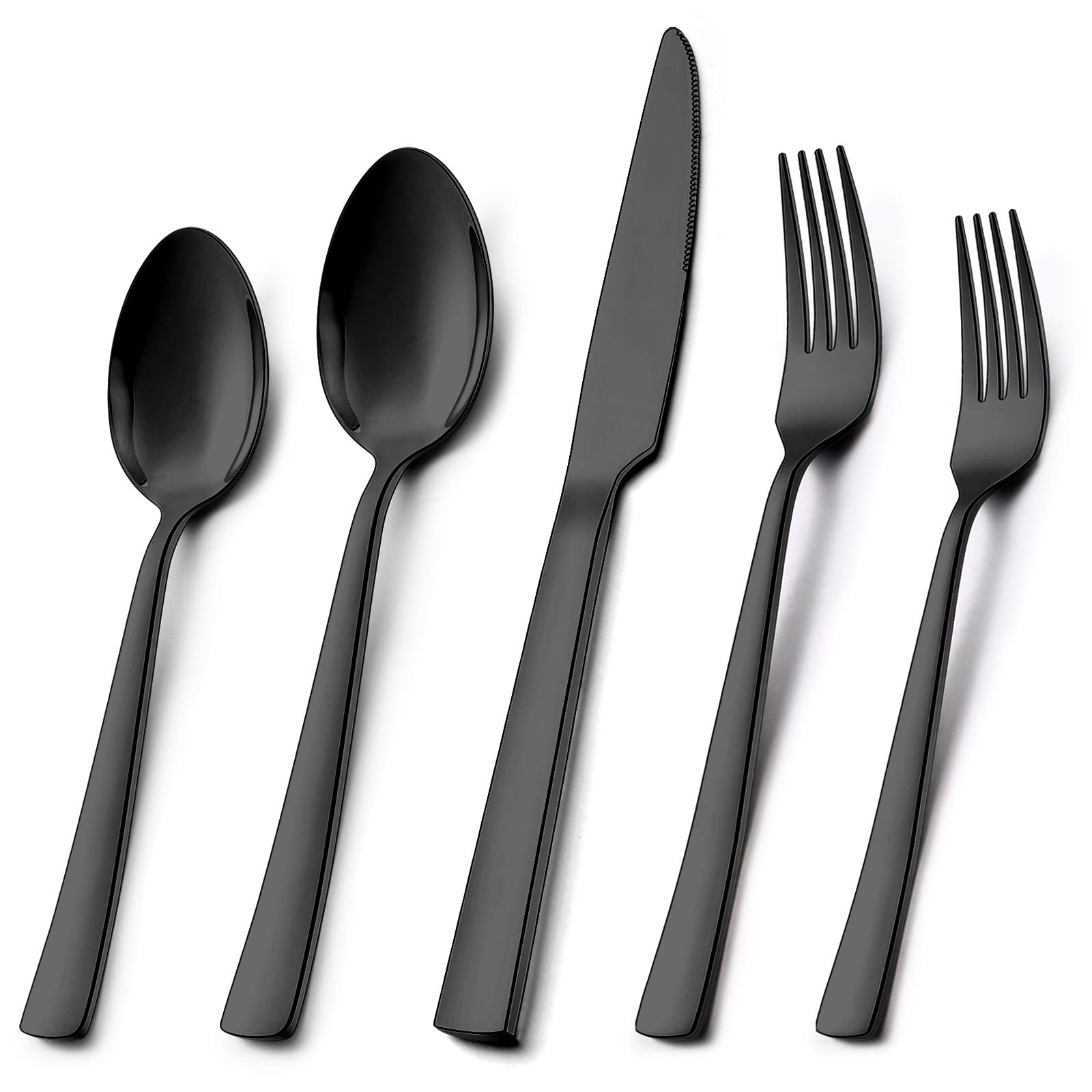 Wildone20-Piece Black Silverware Set, Stainless Steel Flatware Square Cutlery Set Service for 4, Eating Utensils Include Knife Fork Spoon, Mirror Polished & Dishwasher Safe