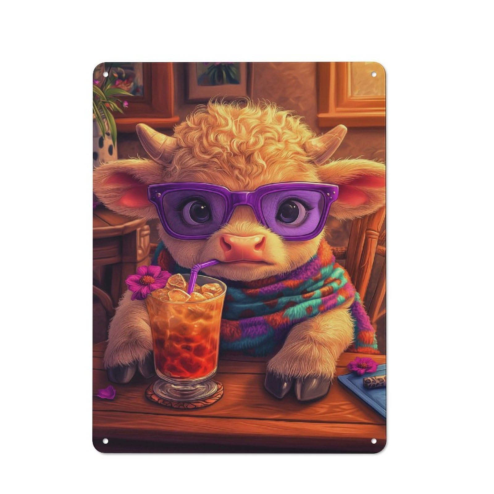 Junmoney Style-20 Baby Highland Cow With Sunglasses Retro-Style Tin Sign 40X30cm For Guest Room Or Hallway, A Christmas Gift For People Styling Guest Room And Hallway