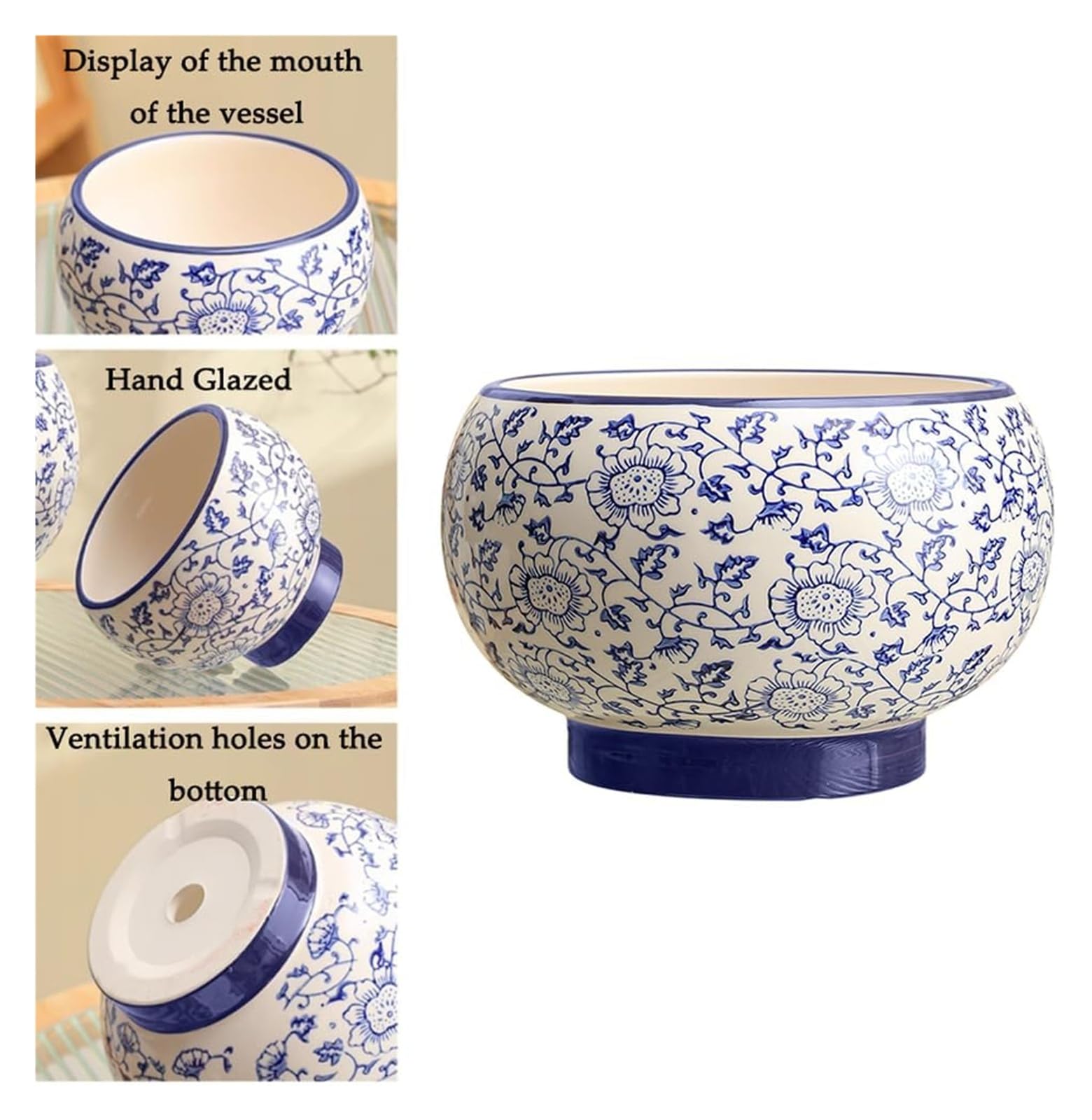 Doniczka gliniana do roślin chińska niebiesko-biała porcelanowa doniczka ceramiczna nowoczesna glazura sukulent z otworem drenażowym 20 cm okrągły kwiat do wewnątrz na zewnątrz zioła Sna (21 x